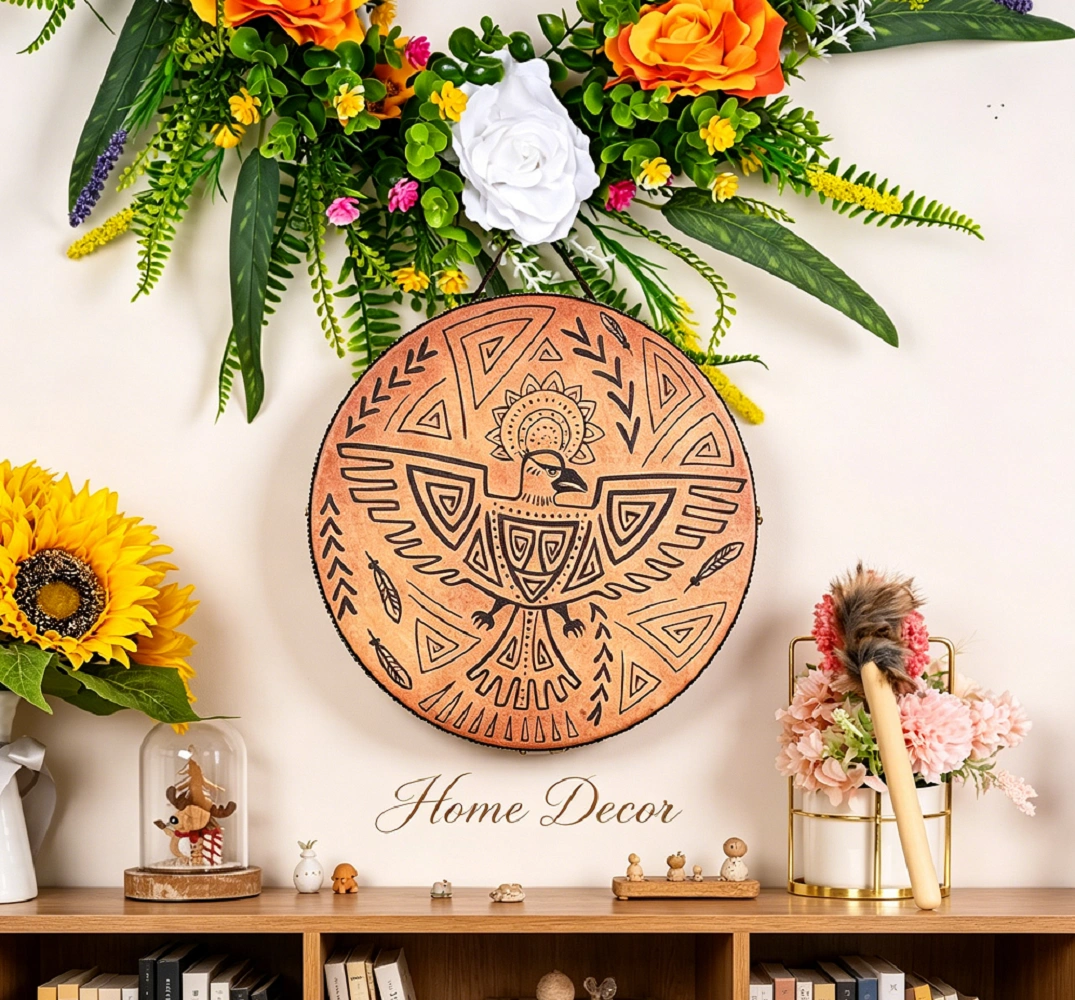 Shamanic Bird Drum - 12 inch Totem Drum, Handmade Wooden Tribal Percussion Instrument for Sound Healing, Meditation & Wall Decor, Felt Mallet Included view 5