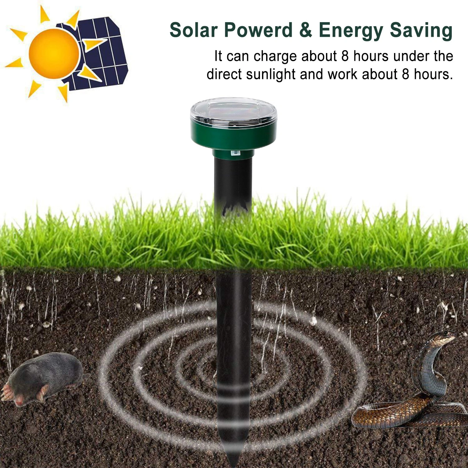 Solar Mole Repeller, Ultrasonic Vibration Rodent Deterrent with Buzzer Sound Wave, Waterproof Outdoor Pest Repellent for Moles Gophers Voles, 323 Sq.ft Coverage for Yard Garden Farm view 4