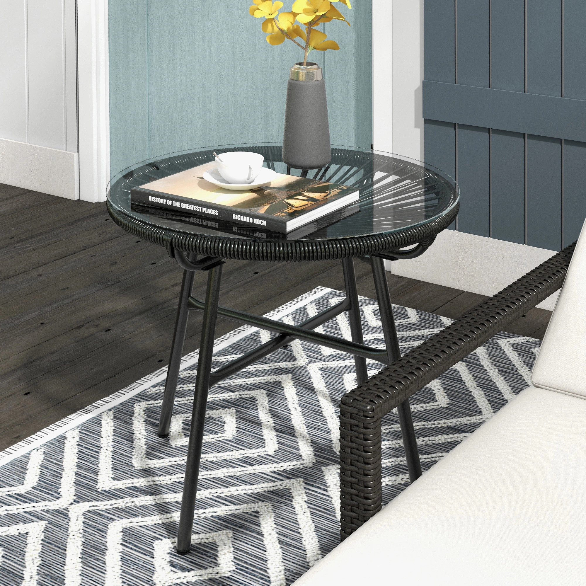 Rattan Coffee Table for Living Room, Wicker Side Table with Storage Shelf, Round Tea Table for Indoor Outdoor Use