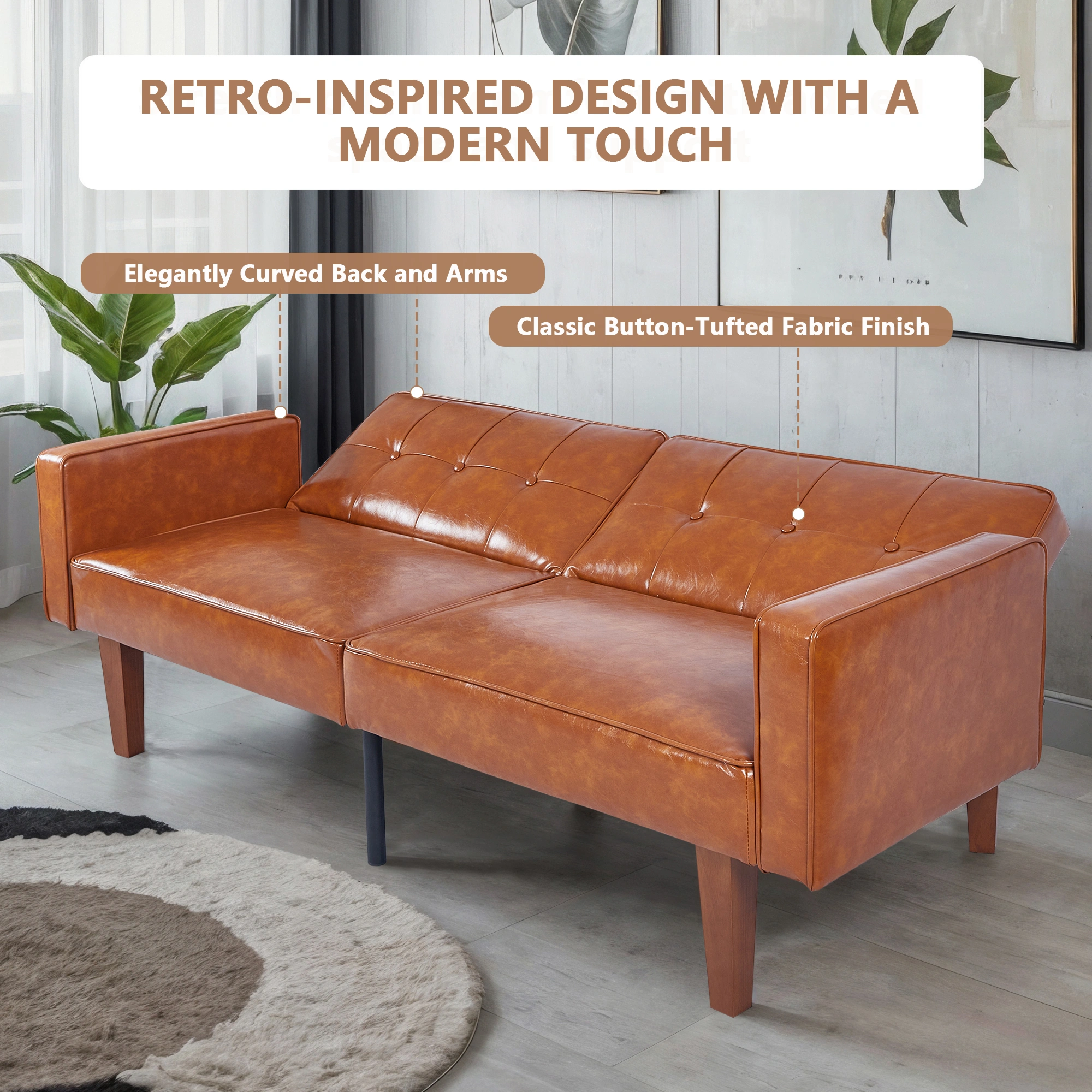 Modern PU Leather Futon Sofa with Tufted Backrest, Adjustable Reclining Couch with Wood & Metal Legs, Mid-Century Style Sofa for Living Room view 10