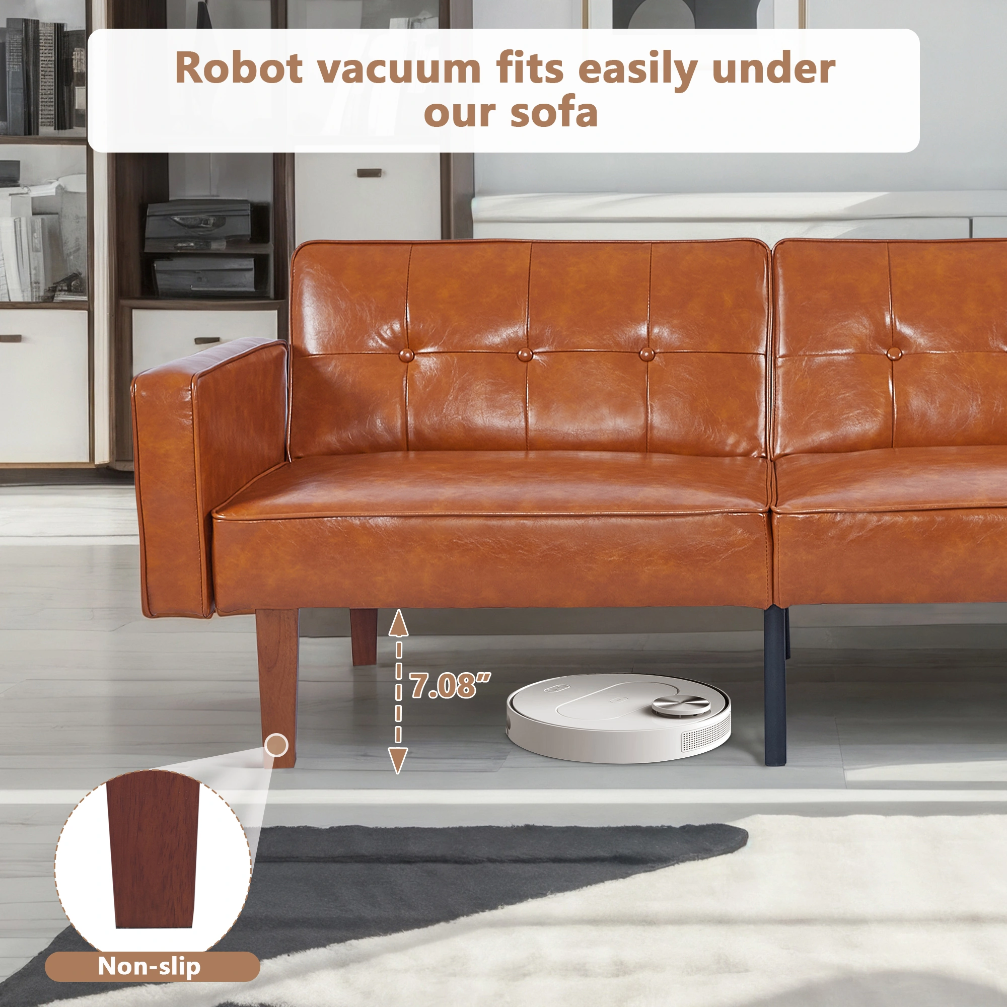 Modern PU Leather Futon Sofa with Tufted Backrest, Adjustable Reclining Couch with Wood & Metal Legs, Mid-Century Style Sofa for Living Room view 11