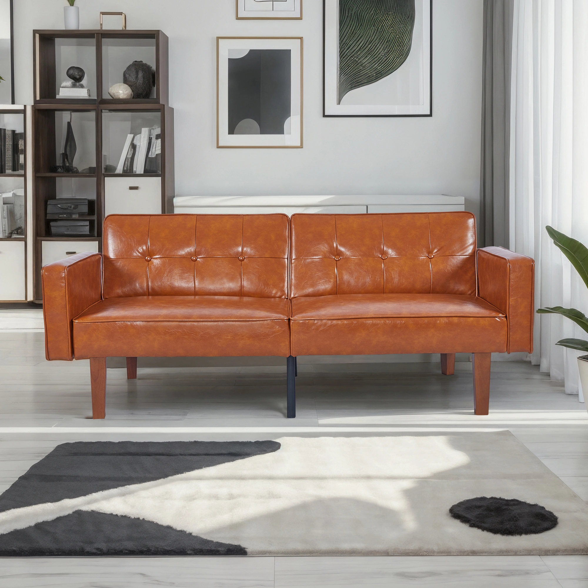Modern PU Leather Futon Sofa with Tufted Backrest, Adjustable Reclining Couch with Wood & Metal Legs, Mid-Century Style Sofa for Living Room view 7