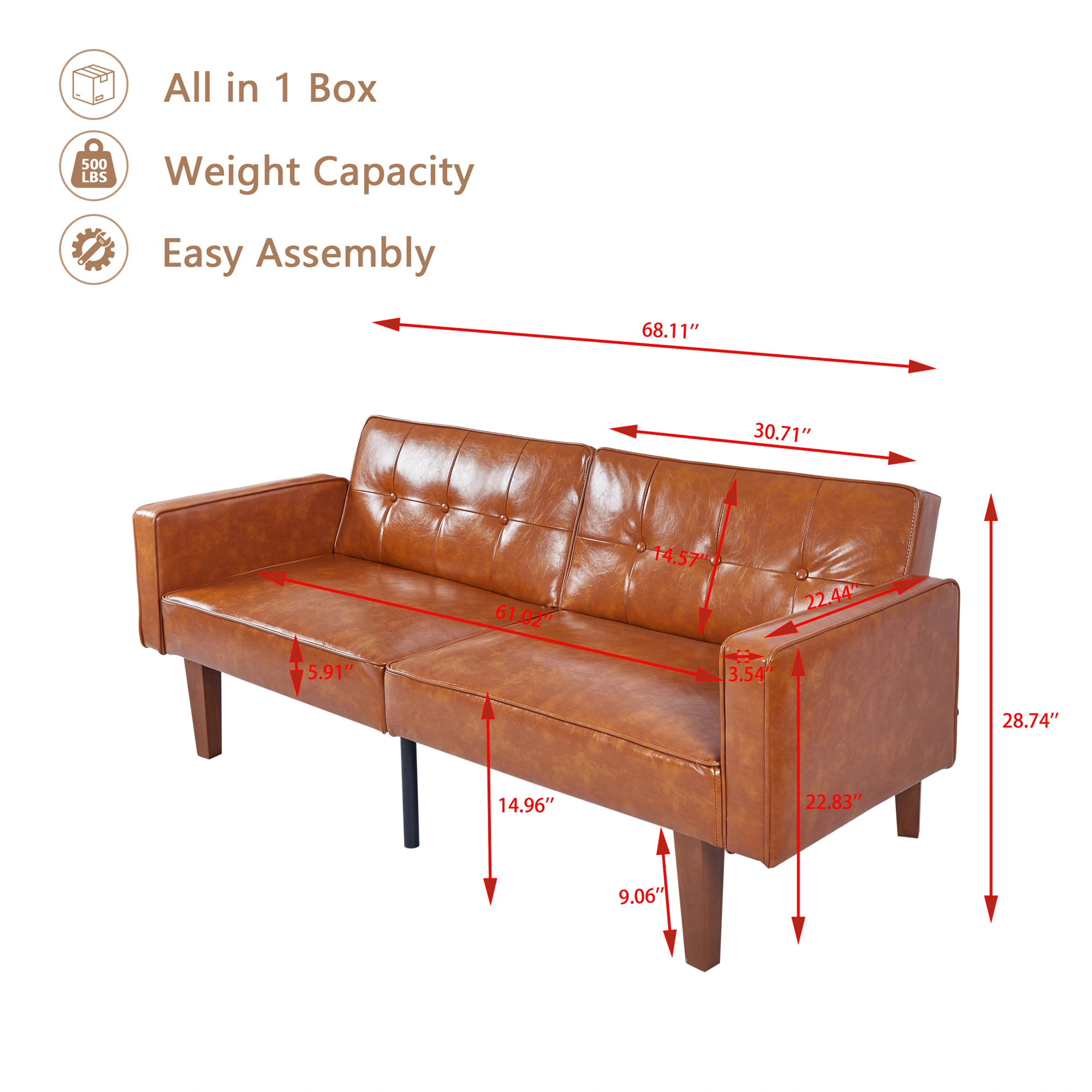 Modern PU Leather Futon Sofa with Tufted Backrest, Adjustable Reclining Couch with Wood & Metal Legs, Mid-Century Style Sofa for Living Room view 8
