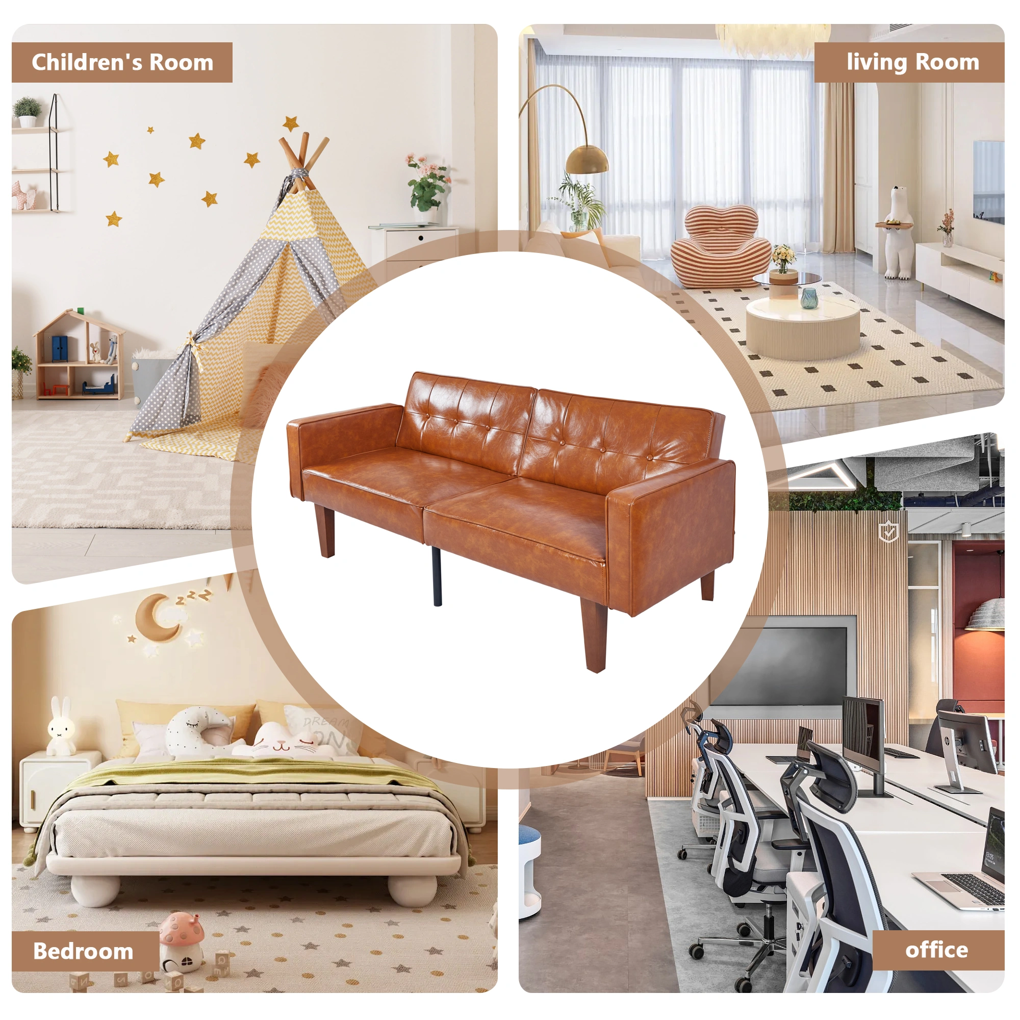 Modern PU Leather Futon Sofa with Tufted Backrest, Adjustable Reclining Couch with Wood & Metal Legs, Mid-Century Style Sofa for Living Room view 9