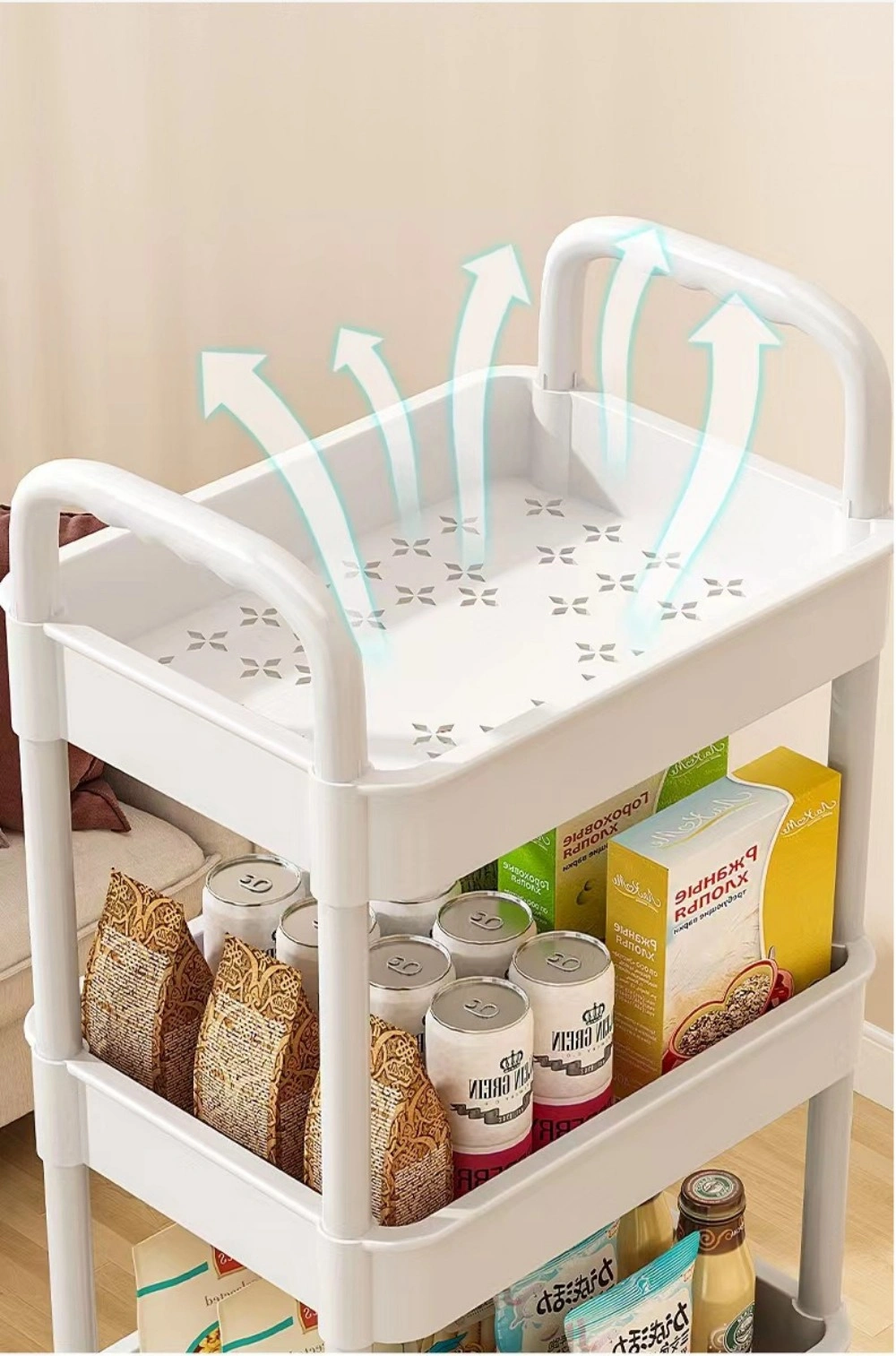 3 Tier Rolling Storage Cart On Wheels, Metal Utility Trolley Shelf Rack for Kitchen Bathroom Laundry view 3