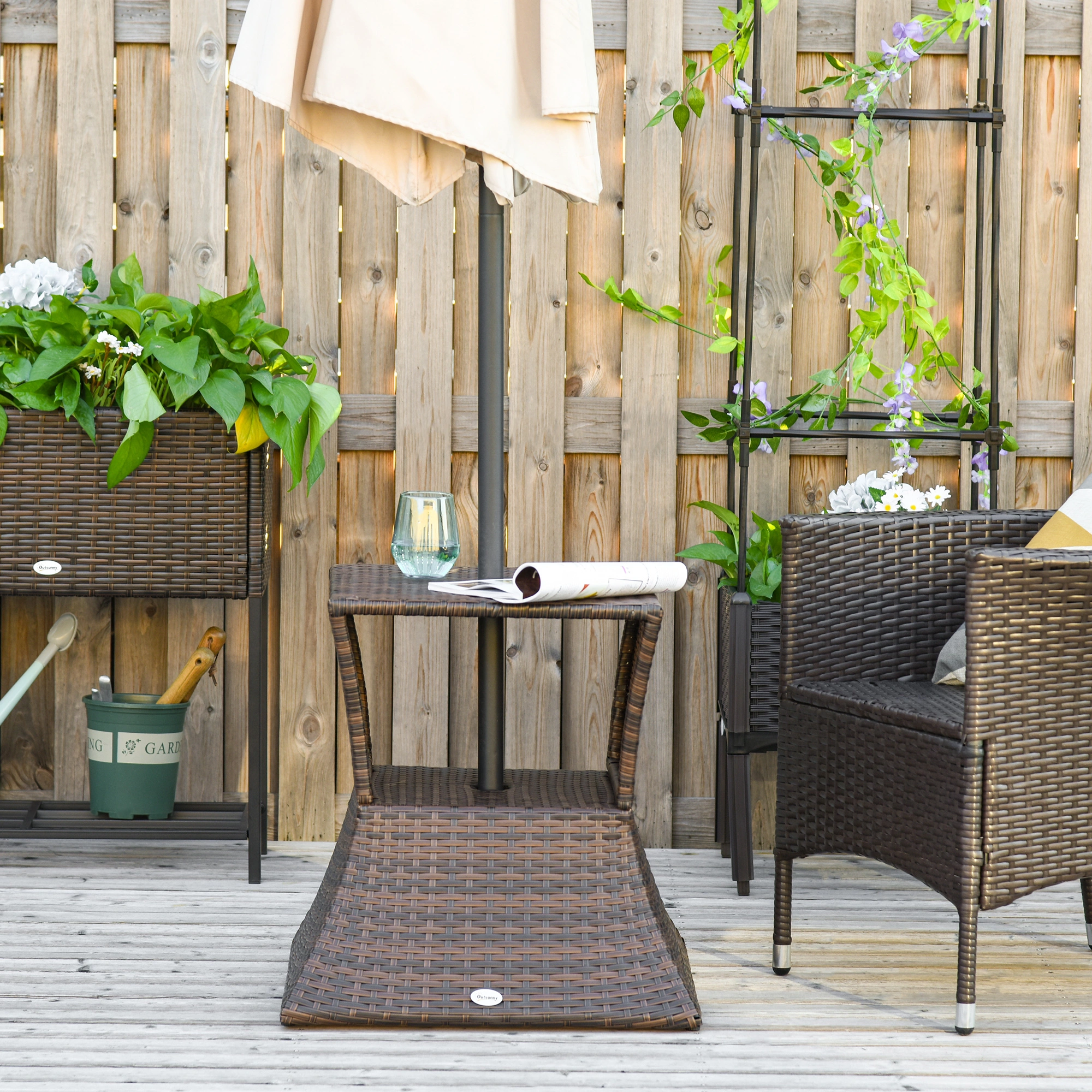 2-Tier Rattan Wicker Side Table Outdoor Patio with Umbrella Hole & Storage Shelf