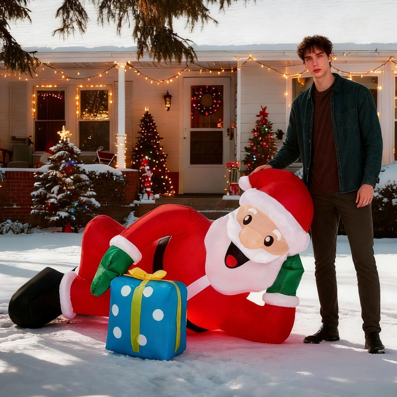 7FT Lighted Christmas Inflatable Santa Lying Down, Funny Blow Up Yard Decor with LED Lights for Front Lawn Garden Party Holiday Decoration view 7