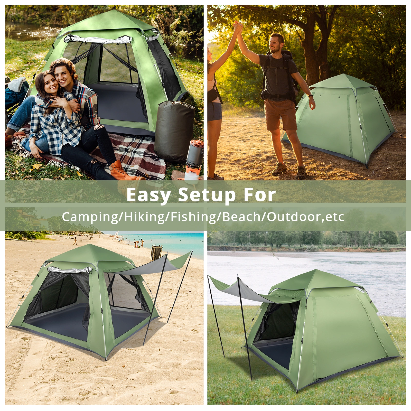 240*240*150cm Spring Quick Open Four-Person Family Tent Camping Tent Green view 30