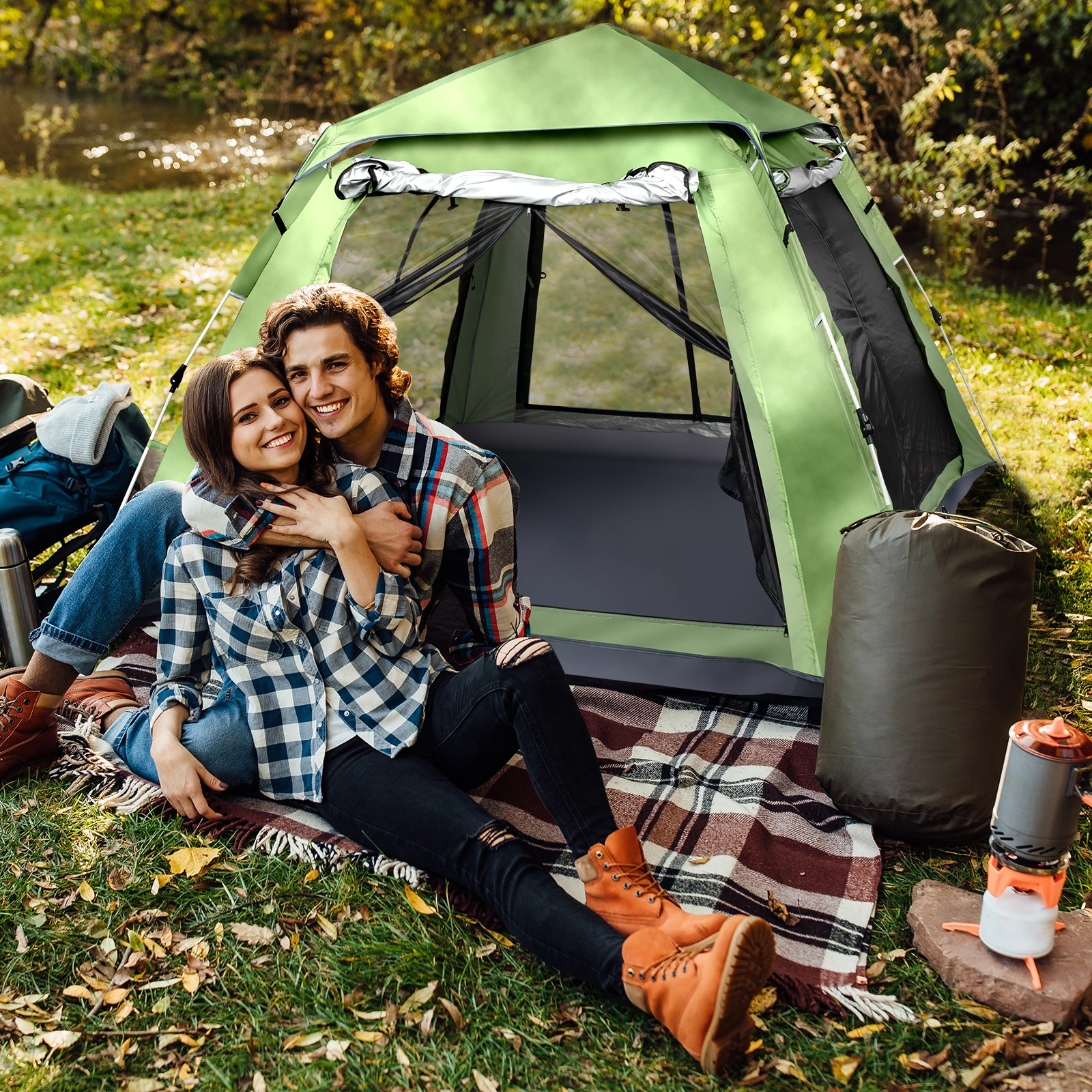 240*240*150cm Spring Quick Open Four-Person Family Tent Camping Tent Green view 7