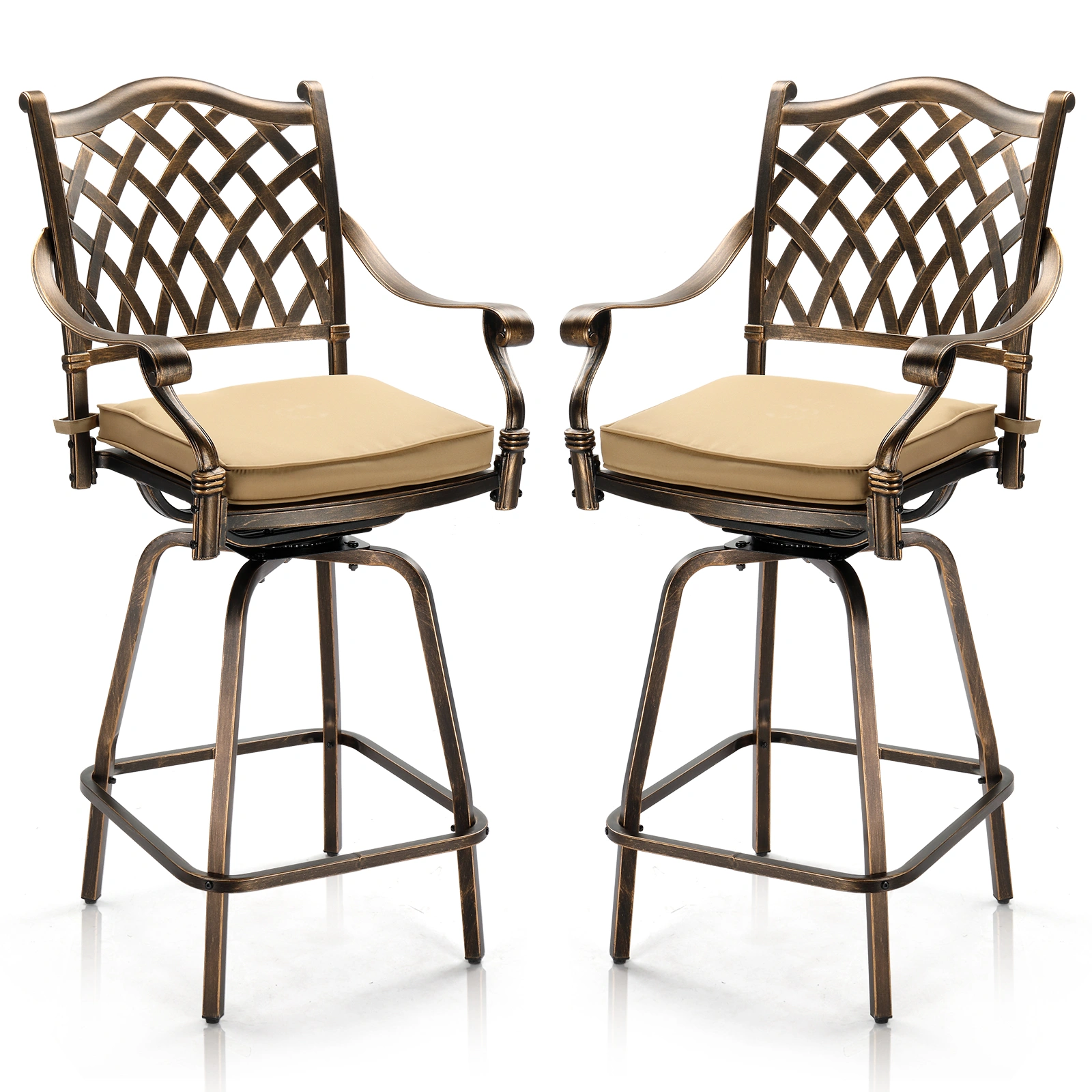 Outdoor Swivel Bar Stools Set of 2, Cast Aluminum Patio Bar Height Chairs, All-Weather Bar Dining Chairs Outdoor Swivel Chairs Furniture (Grid Back)