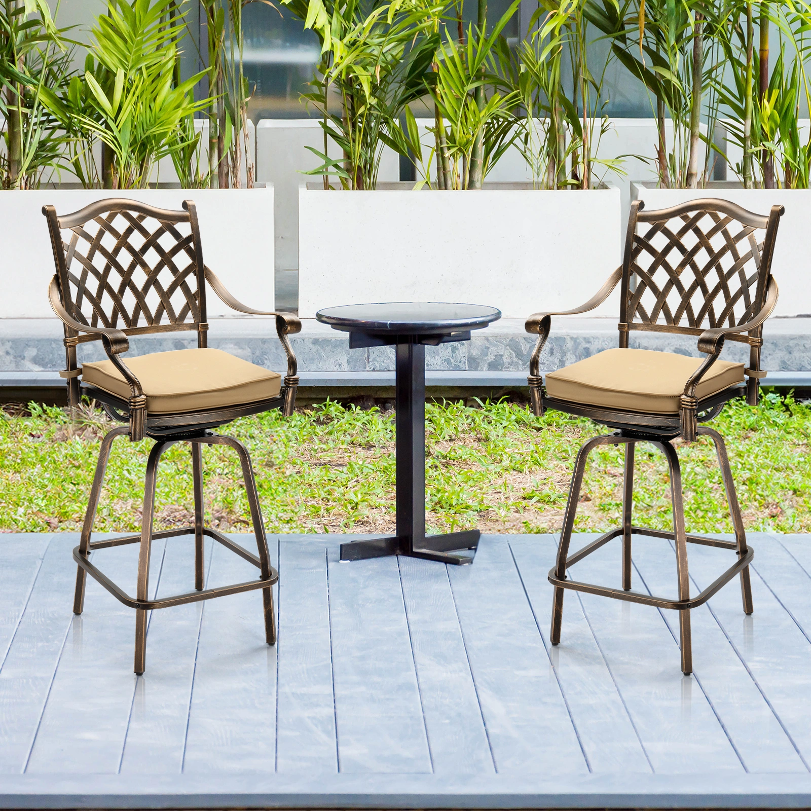 Outdoor Swivel Bar Stools Set of 2, Cast Aluminum Patio Bar Height Chairs, All-Weather Bar Dining Chairs Outdoor Swivel Chairs Furniture (Grid Back) view 10