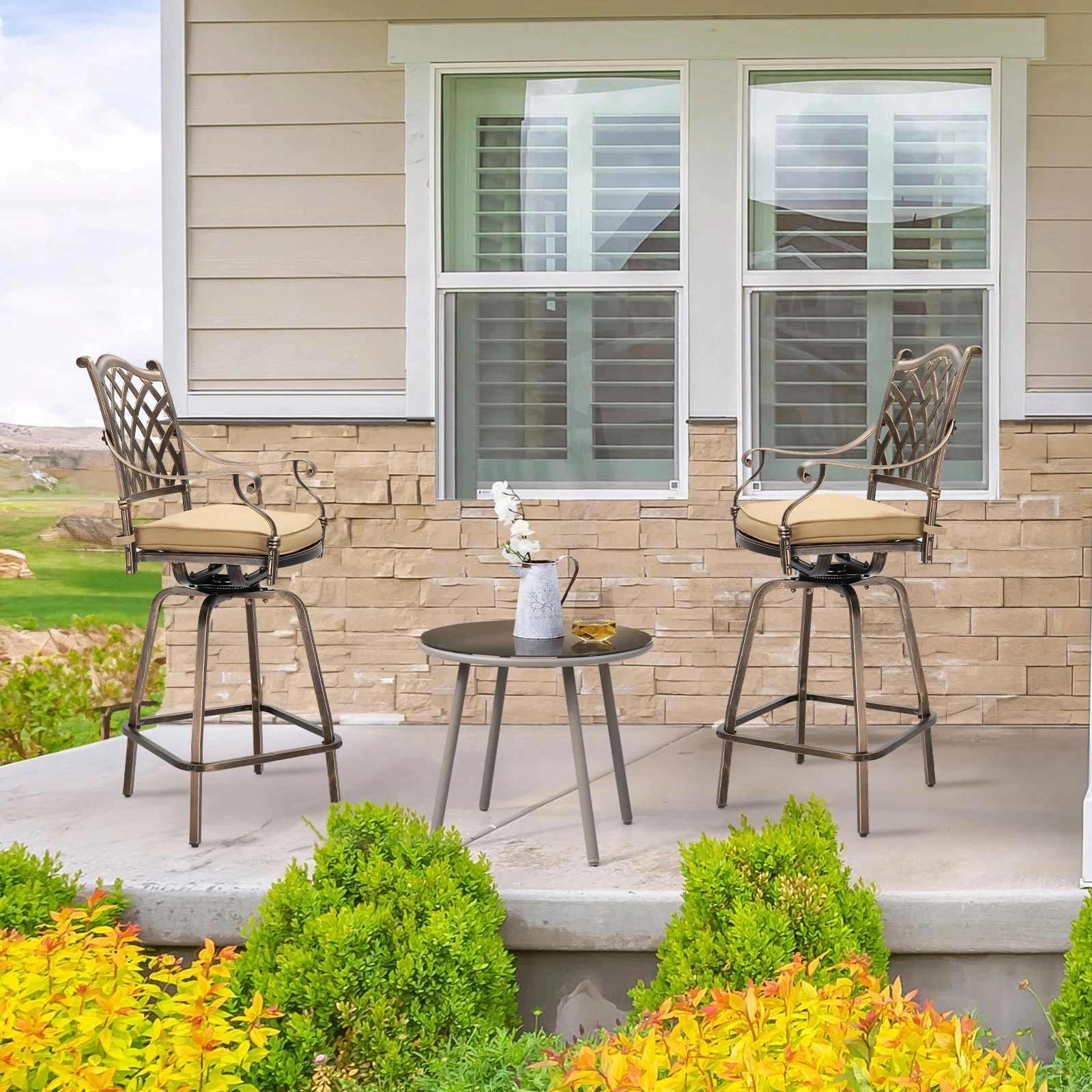 Outdoor Swivel Bar Stools Set of 2, Cast Aluminum Patio Bar Height Chairs, All-Weather Bar Dining Chairs Outdoor Swivel Chairs Furniture (Grid Back) view 11