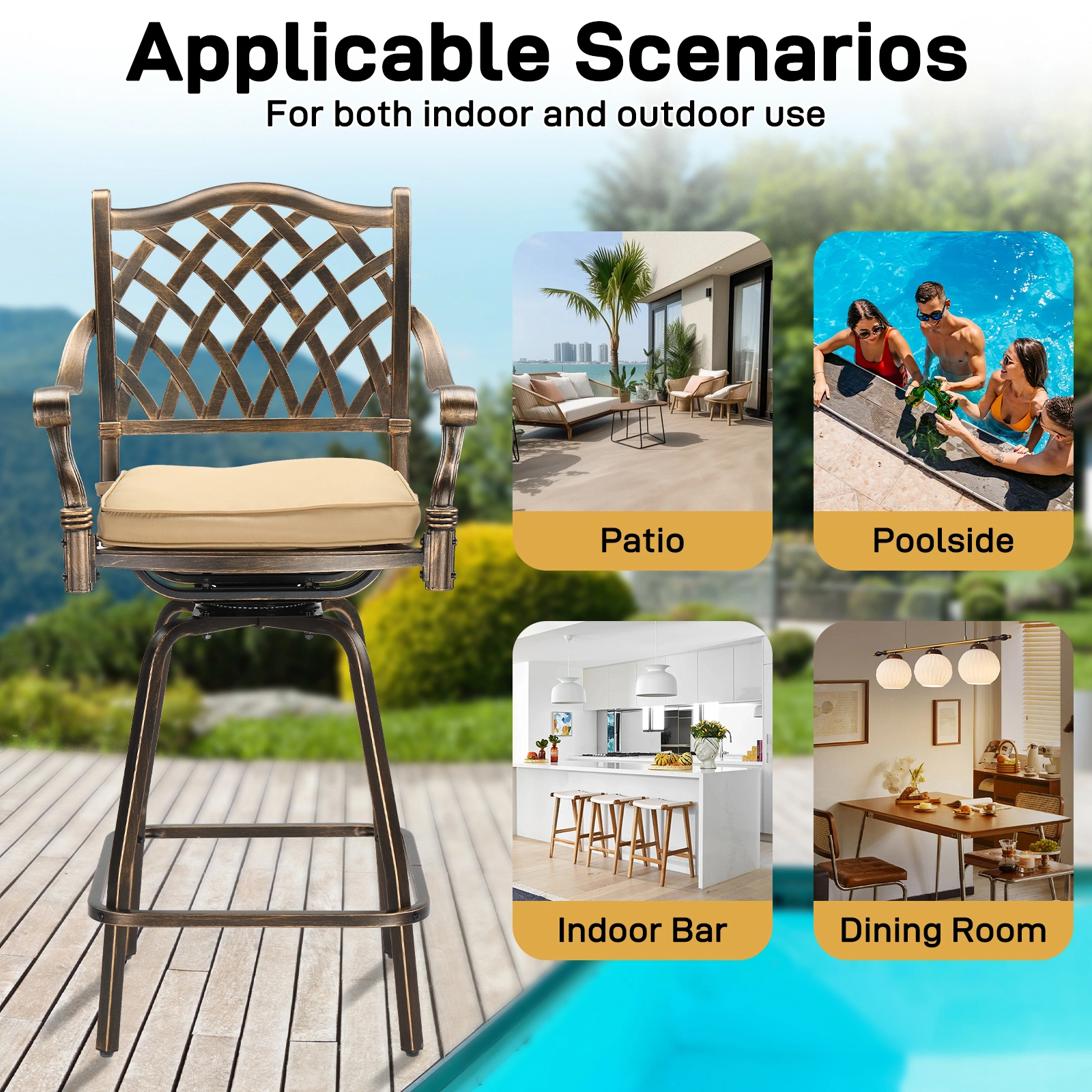 Outdoor Swivel Bar Stools Set of 2, Cast Aluminum Patio Bar Height Chairs, All-Weather Bar Dining Chairs Outdoor Swivel Chairs Furniture (Grid Back) view 14