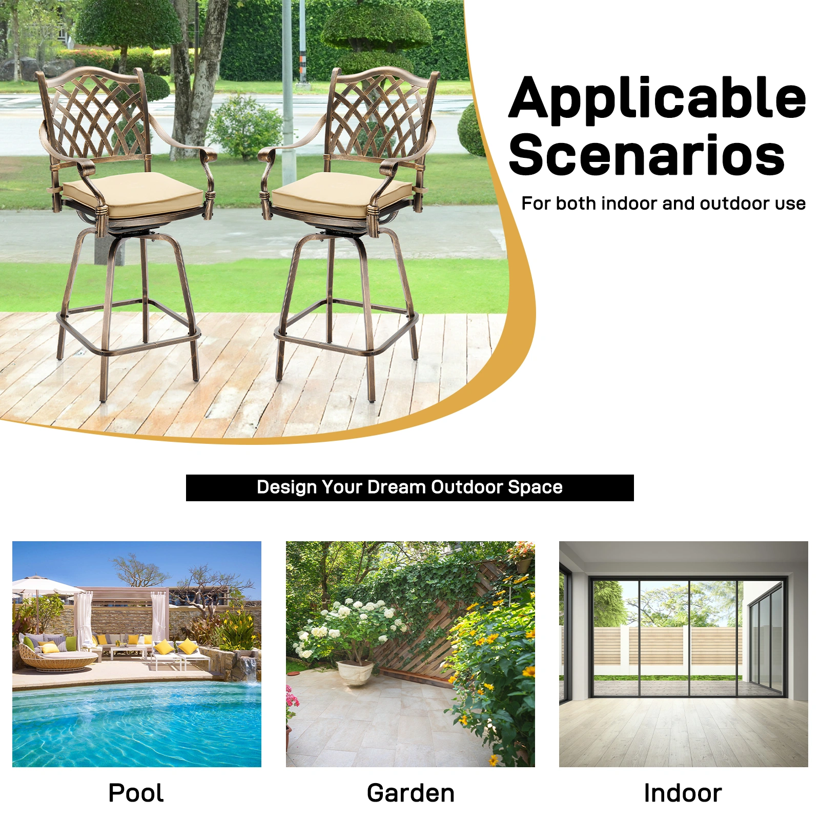 Outdoor Swivel Bar Stools Set of 2, Cast Aluminum Patio Bar Height Chairs, All-Weather Bar Dining Chairs Outdoor Swivel Chairs Furniture (Grid Back) view 15