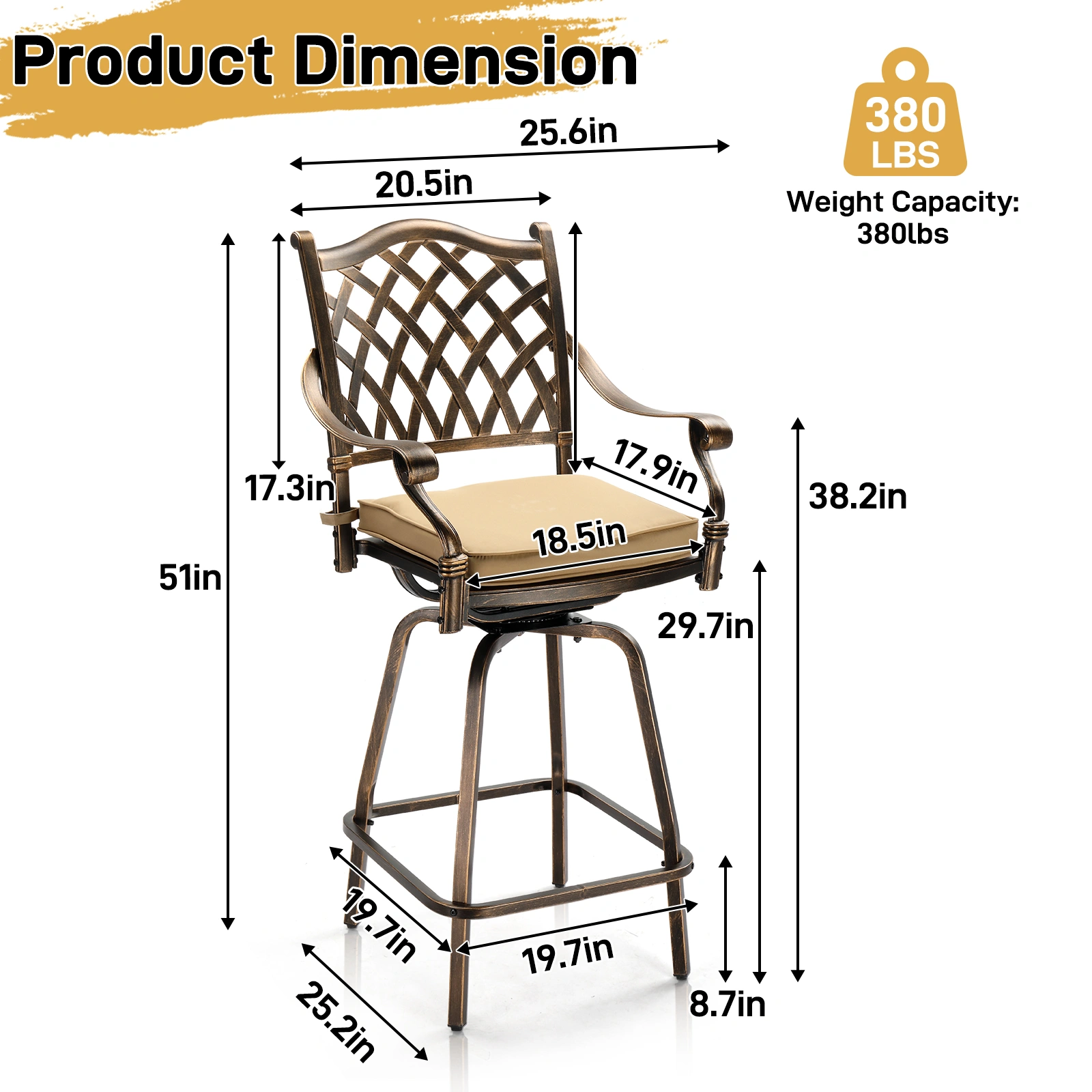 Outdoor Swivel Bar Stools Set of 2, Cast Aluminum Patio Bar Height Chairs, All-Weather Bar Dining Chairs Outdoor Swivel Chairs Furniture (Grid Back) view 2