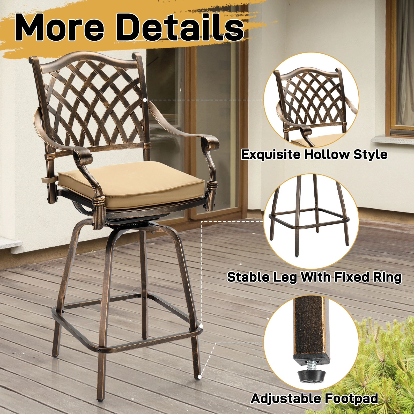 Outdoor Swivel Bar Stools Set of 2, Cast Aluminum Patio Bar Height Chairs, All-Weather Bar Dining Chairs Outdoor Swivel Chairs Furniture (Grid Back) view 4