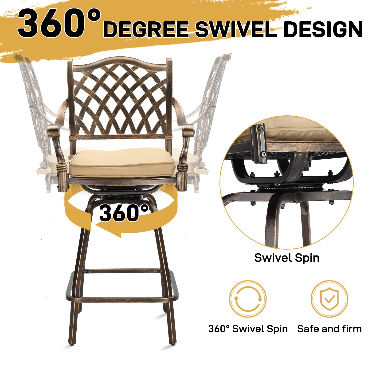 Outdoor Swivel Bar Stools Set of 2, Cast Aluminum Patio Bar Height Chairs, All-Weather Bar Dining Chairs Outdoor Swivel Chairs Furniture (Grid Back) view 8
