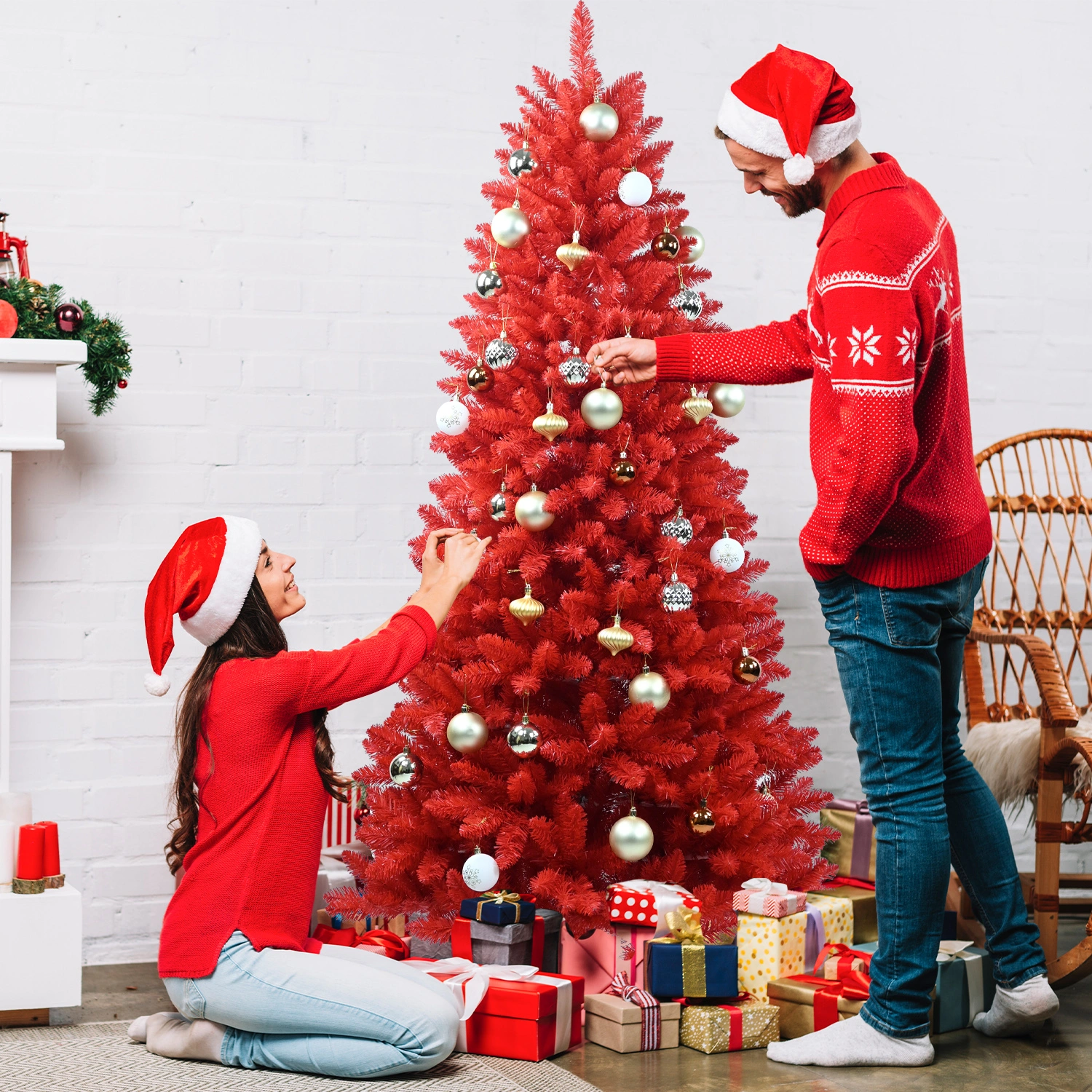 7FT Red Christmas Tree, Pure Red PVC with 1066 Tips, Hinged Branches, Easy Setup, Stable Metal Stand, Full Holiday Decoration view 2