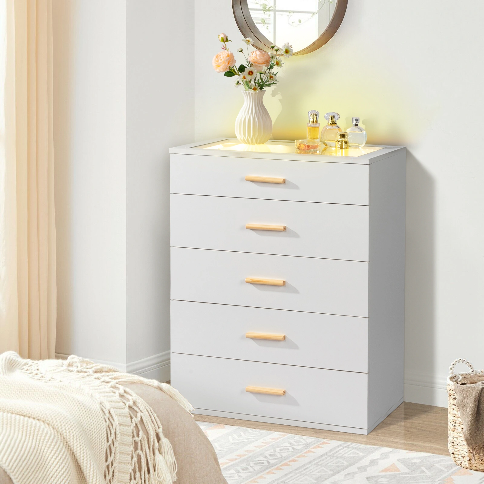 Particleboard Wood Three Drawers With LED Light Bedside Table Dresser Nightstand White view 10