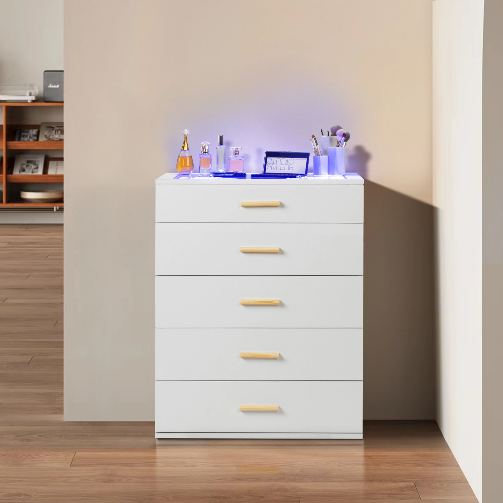 Particleboard Wood Three Drawers With LED Light Bedside Table Dresser Nightstand White view 11
