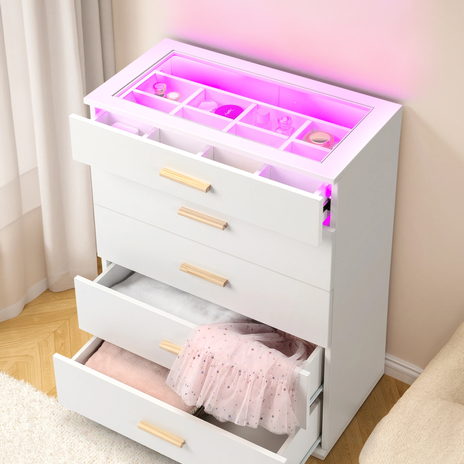 Particleboard Wood Three Drawers With LED Light Bedside Table Dresser Nightstand White view 12