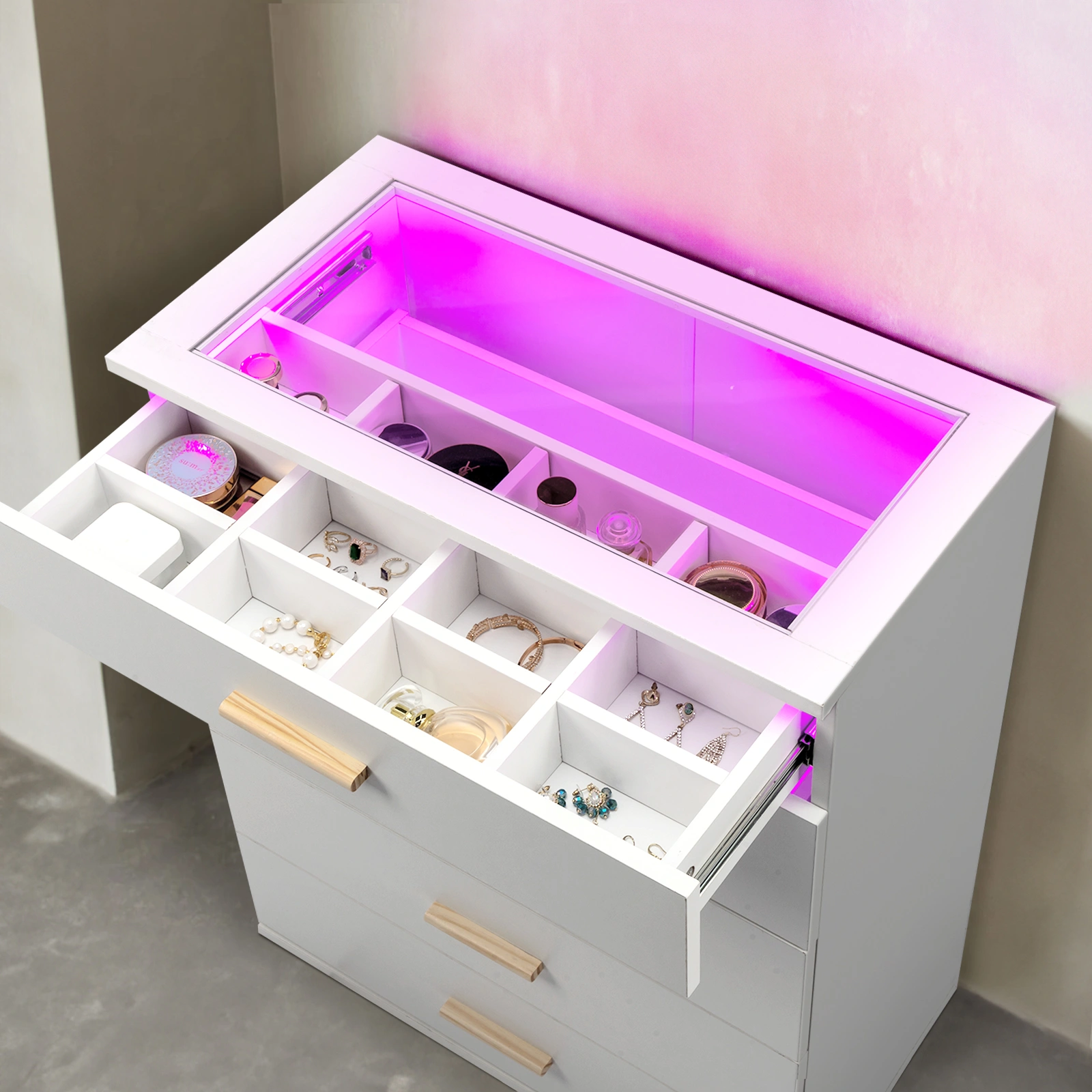 Particleboard Wood Three Drawers With LED Light Bedside Table Dresser Nightstand White view 13