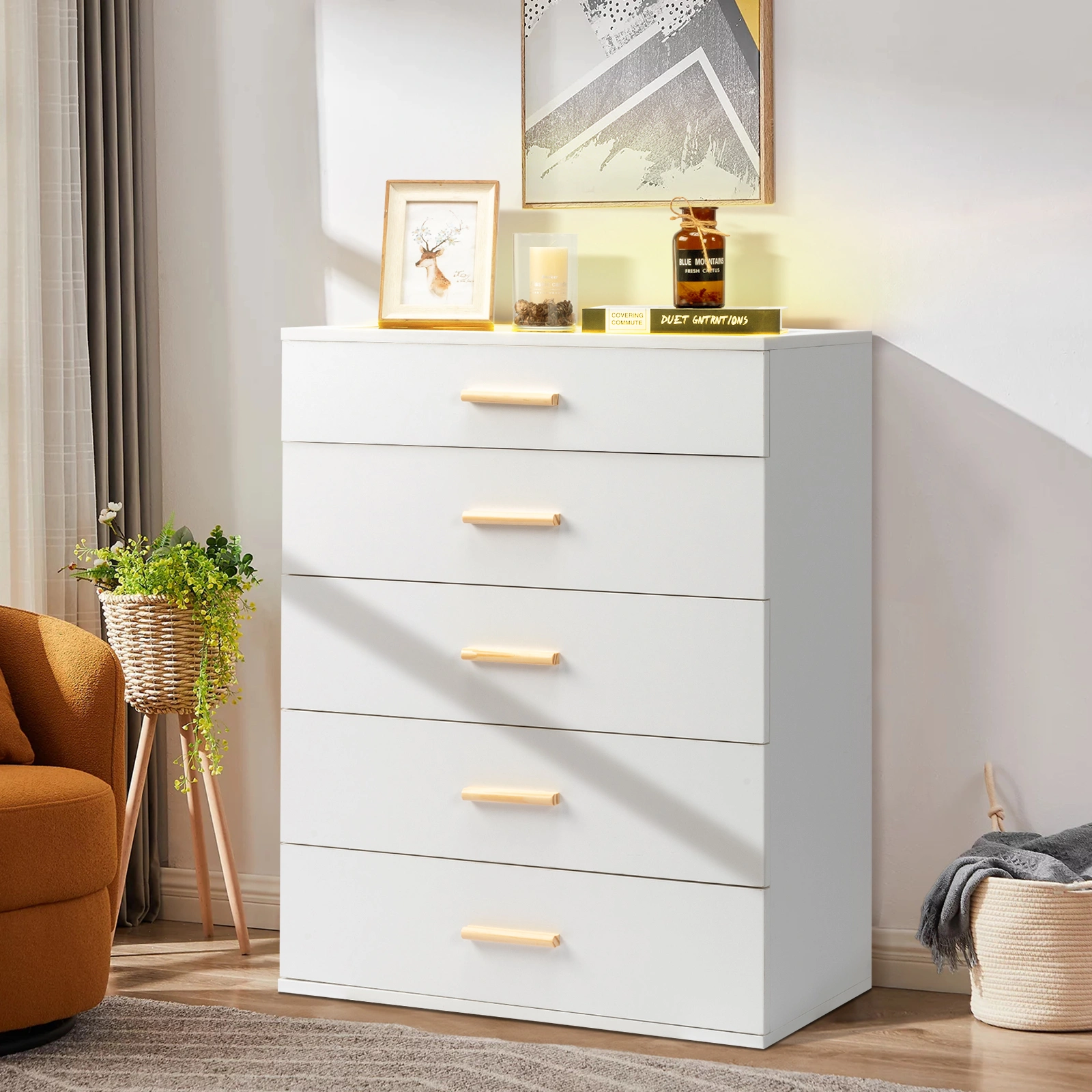 Particleboard Wood Three Drawers With LED Light Bedside Table Dresser Nightstand White view 2