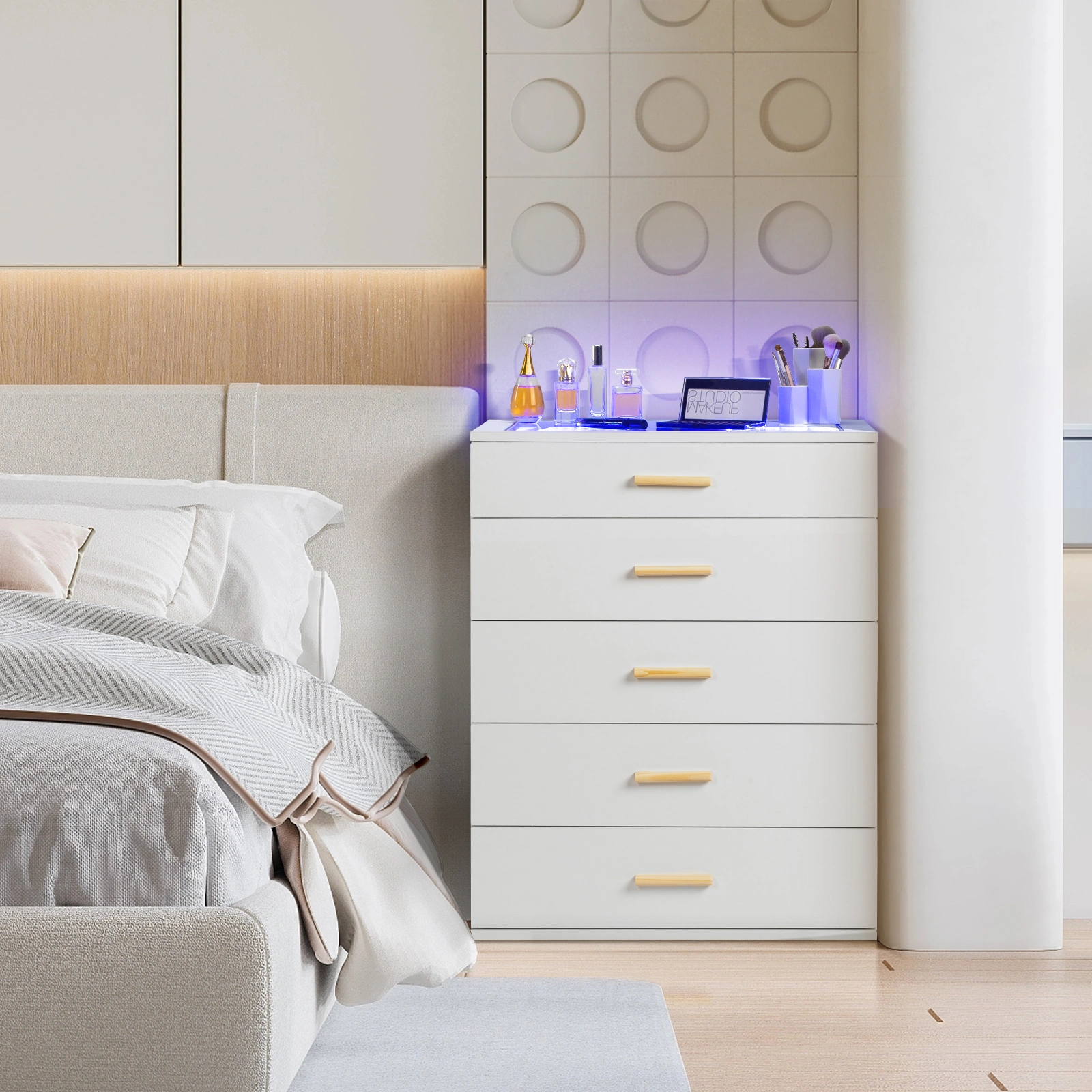 Particleboard Wood Three Drawers With LED Light Bedside Table Dresser Nightstand White view 8