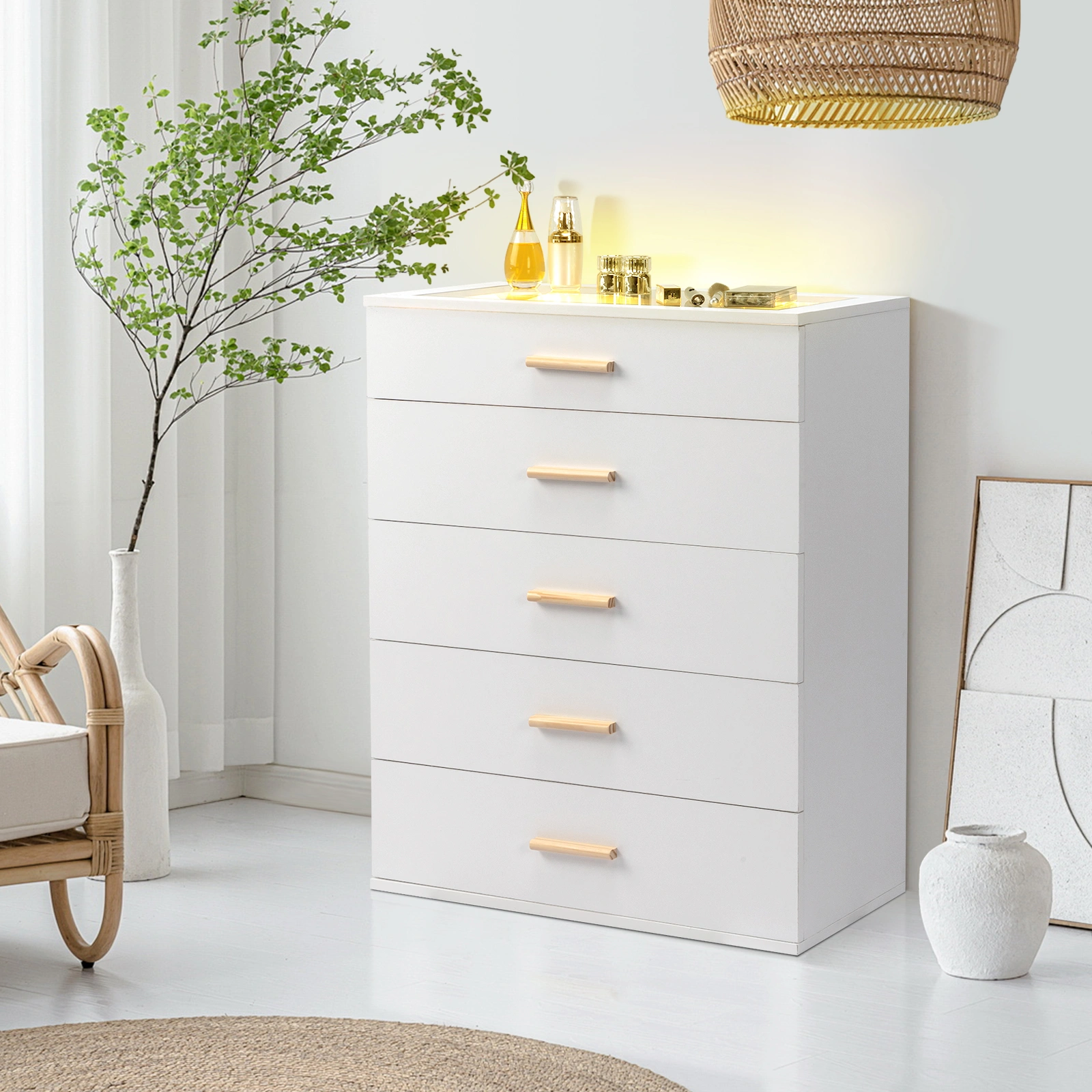Particleboard Wood Three Drawers With LED Light Bedside Table Dresser Nightstand White view 9