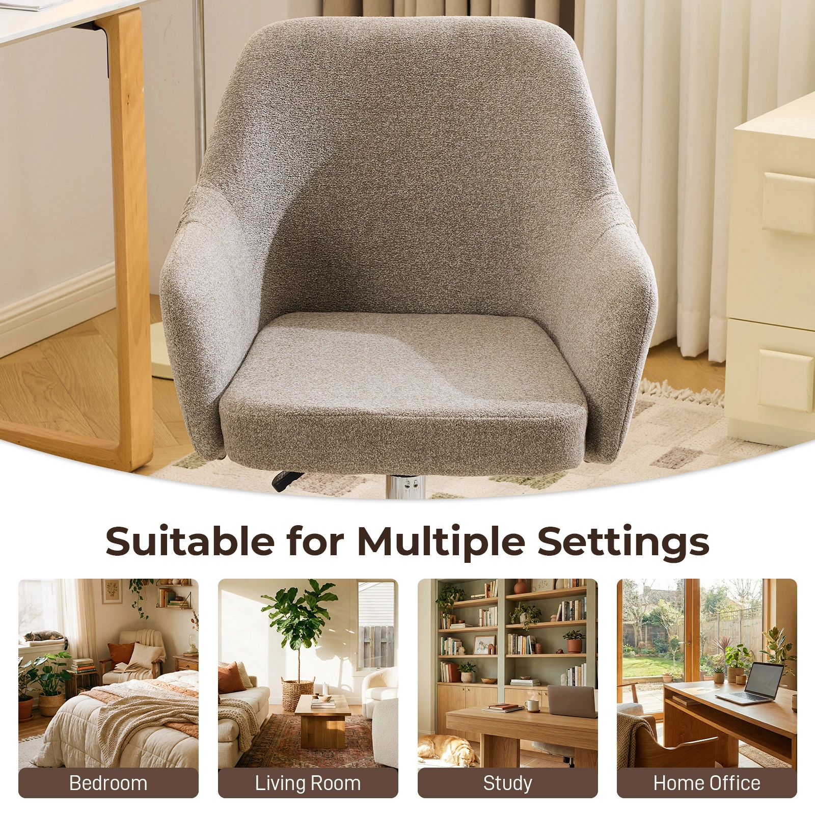 4" Vanity Desk Chair with Armrests Snowflake Velvet Upholstered Office Chair 31"-35" Height Adjustable 360° Swivel Rolling Chair for Bedroom Study Living Room Light Brown view 2