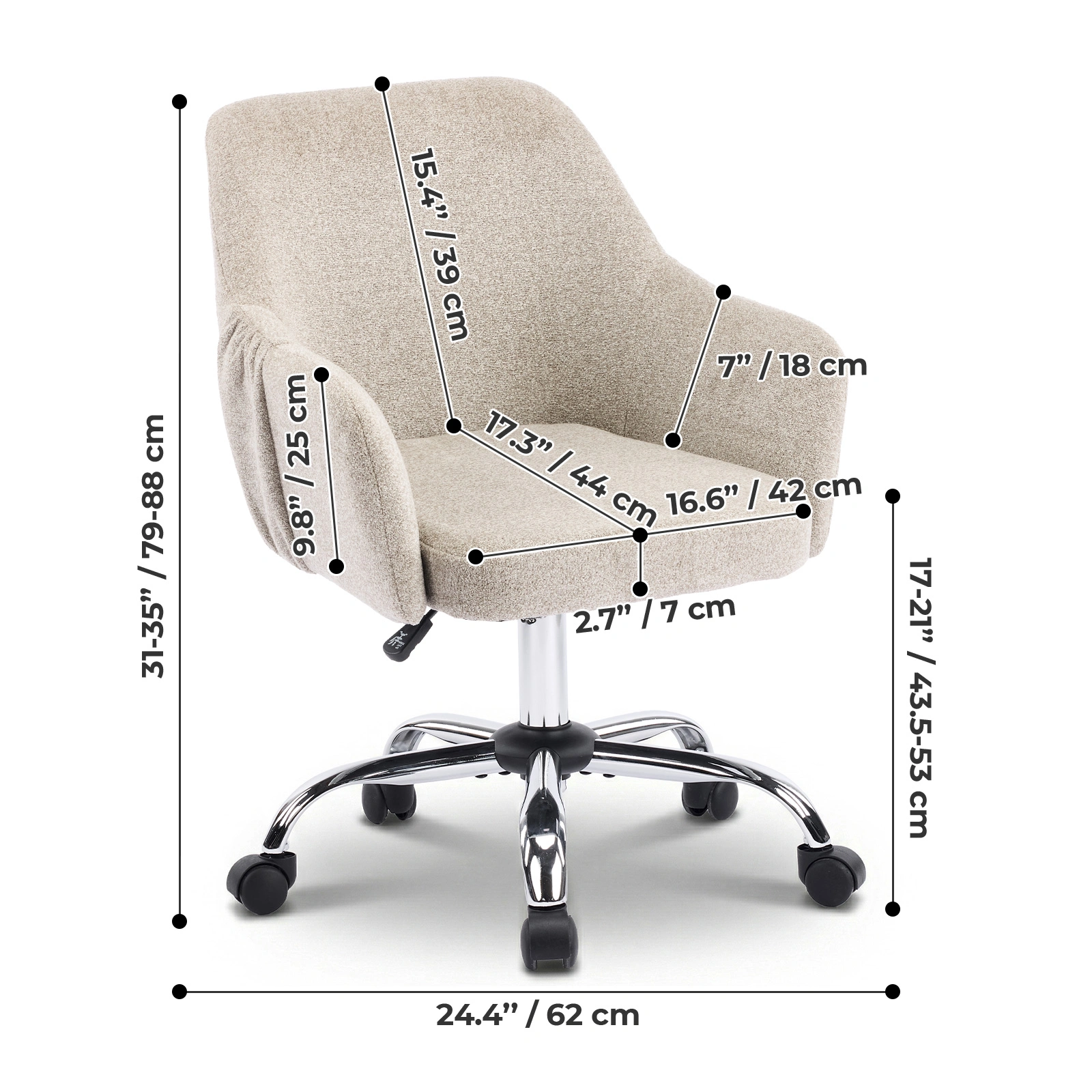 4" Vanity Desk Chair with Armrests Snowflake Velvet Upholstered Office Chair 31"-35" Height Adjustable 360° Swivel Rolling Chair for Bedroom Study Living Room Light Brown view 3