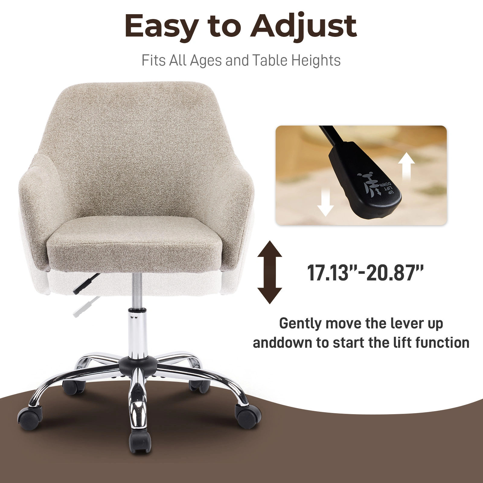 4" Vanity Desk Chair with Armrests Snowflake Velvet Upholstered Office Chair 31"-35" Height Adjustable 360° Swivel Rolling Chair for Bedroom Study Living Room Light Brown view 5