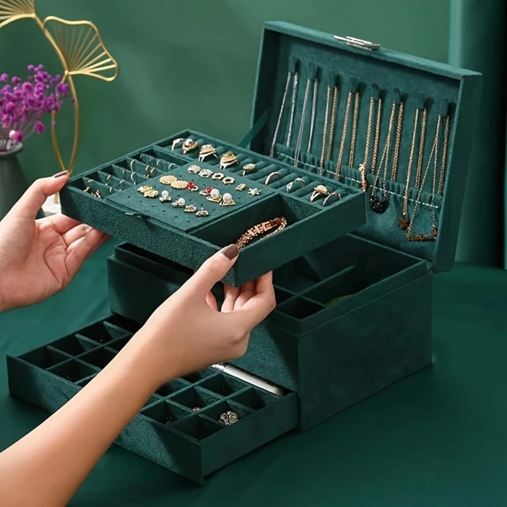 Green 3-Layer Jewelry Box Large PU Leather Finish Storage Drawer Organizer for Earrings Necklace Bracelet Ring view 3