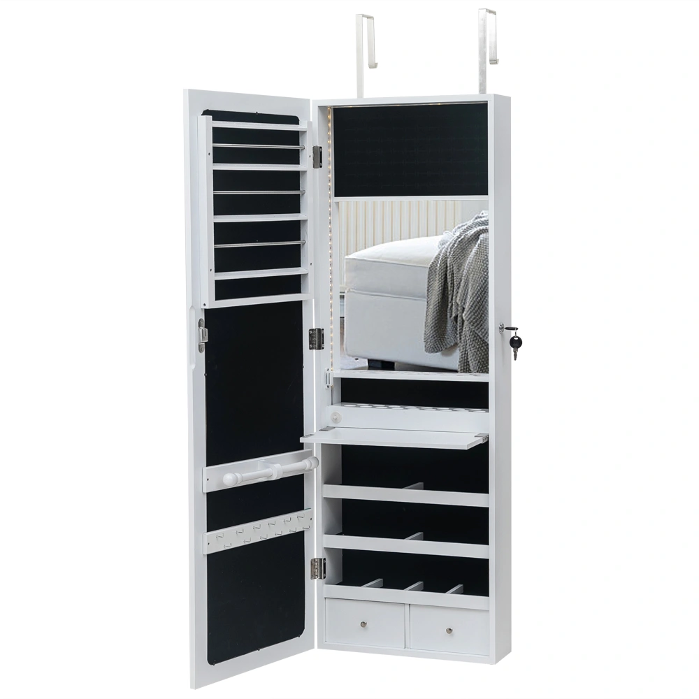 White Wooden Wall Mounted Vanity Cabinet 3-Tier Shelf 2 Drawers 17 Cosmetic Brush Holders Interior Mirror 95 White LED Lights Jewelry Storage view 3