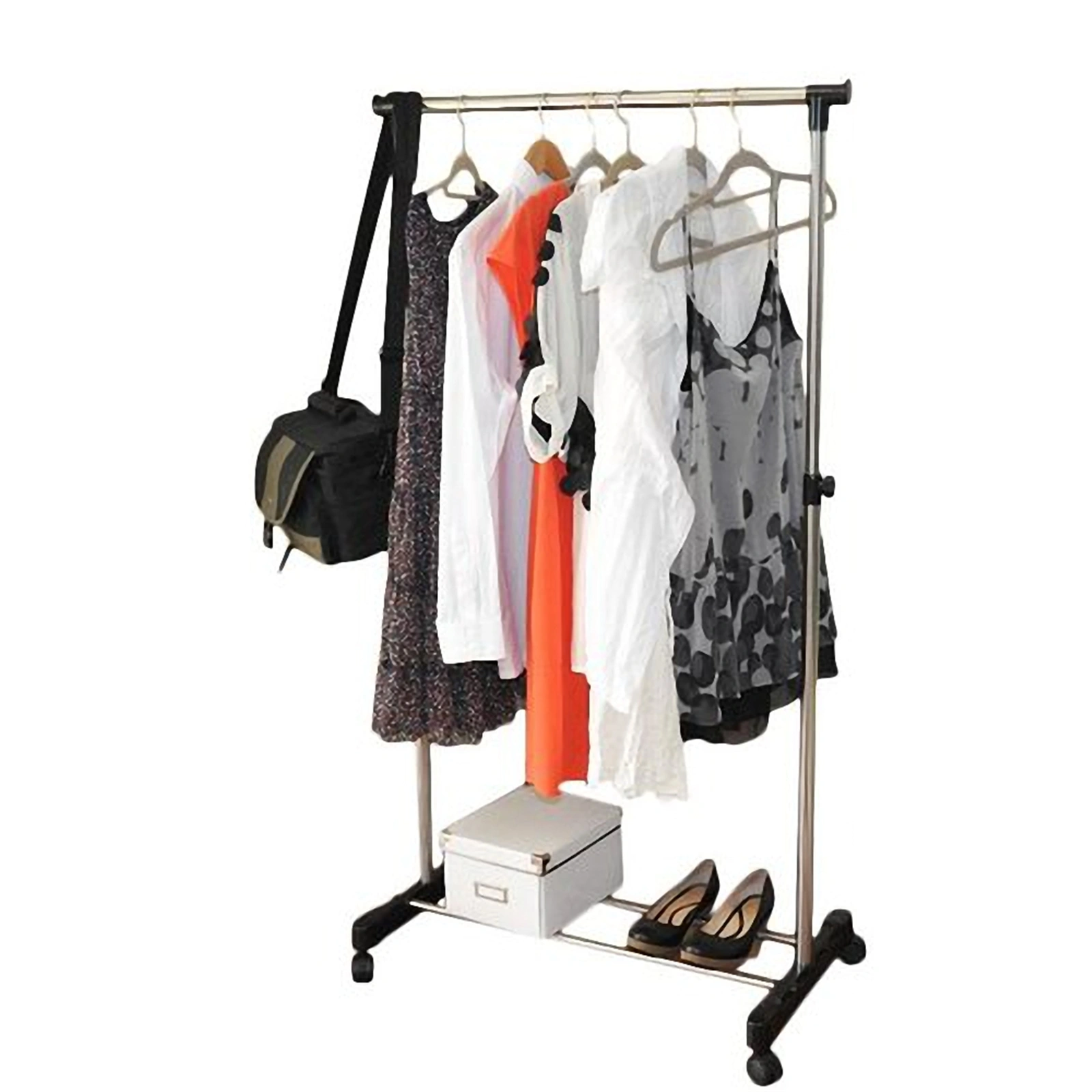 Single Bar Vertical & Horizontal Stretching Stand Clothes Rack with Shoe Shelf, YJ-01, Black & Silver view 2