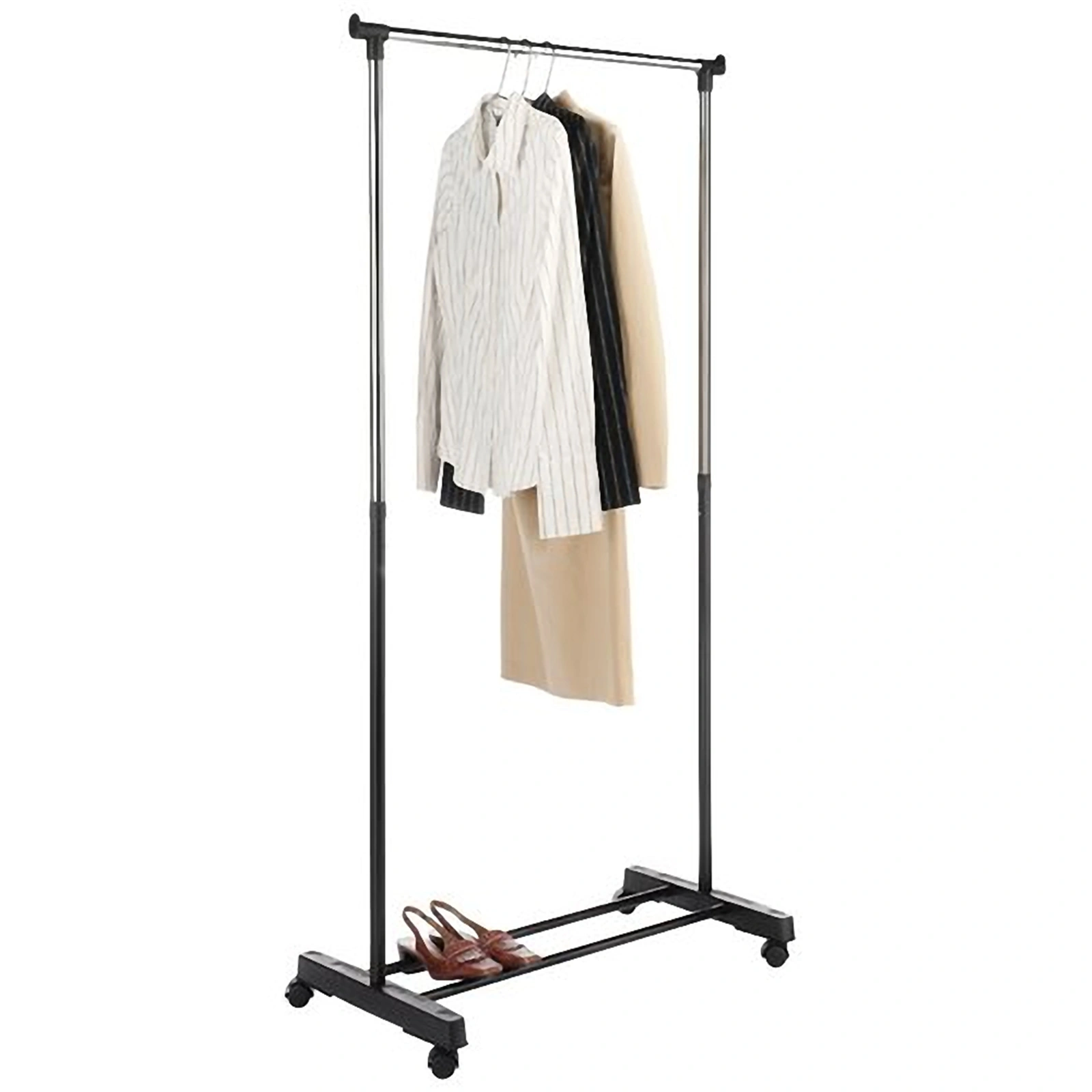 Single Bar Vertical & Horizontal Stretching Stand Clothes Rack with Shoe Shelf, YJ-01, Black & Silver view 3