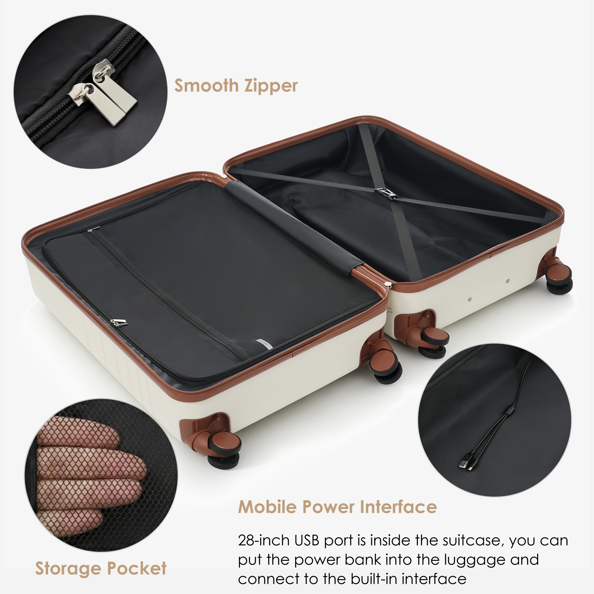 4-Piece Luggage Set with USB Charging Port | 20in Carry-On Front-Opening Laptop Bag + 28in Checked Suitcase w/TSA Lock, Travel Duffel & Wet-Dry Toiletry, Ivory & Brown view 10