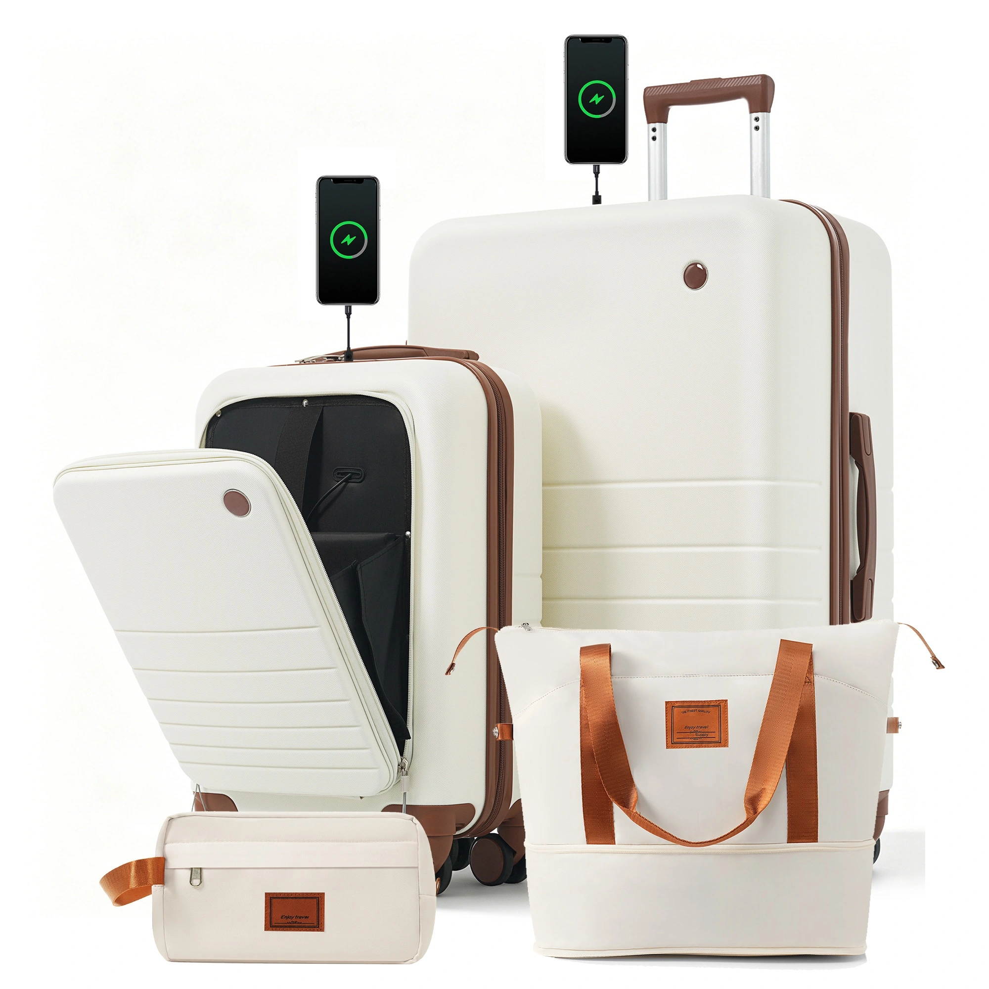 4-Piece Luggage Set with USB Charging Port | 20in Carry-On Front-Opening Laptop Bag + 28in Checked Suitcase w/TSA Lock, Travel Duffel & Wet-Dry Toiletry, Ivory & Brown view 11