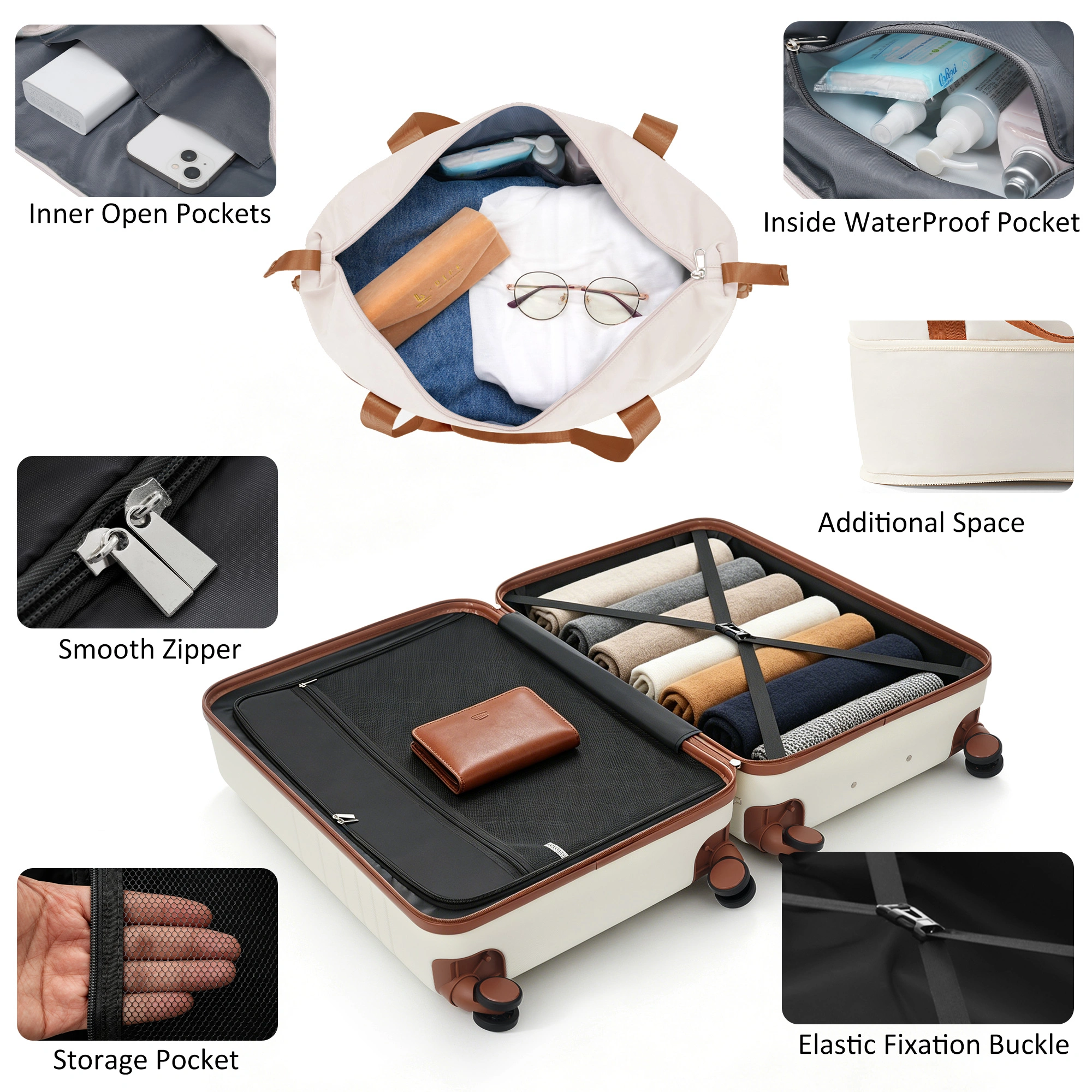 4-Piece Luggage Set with USB Charging Port | 20in Carry-On Front-Opening Laptop Bag + 28in Checked Suitcase w/TSA Lock, Travel Duffel & Wet-Dry Toiletry, Ivory & Brown view 13