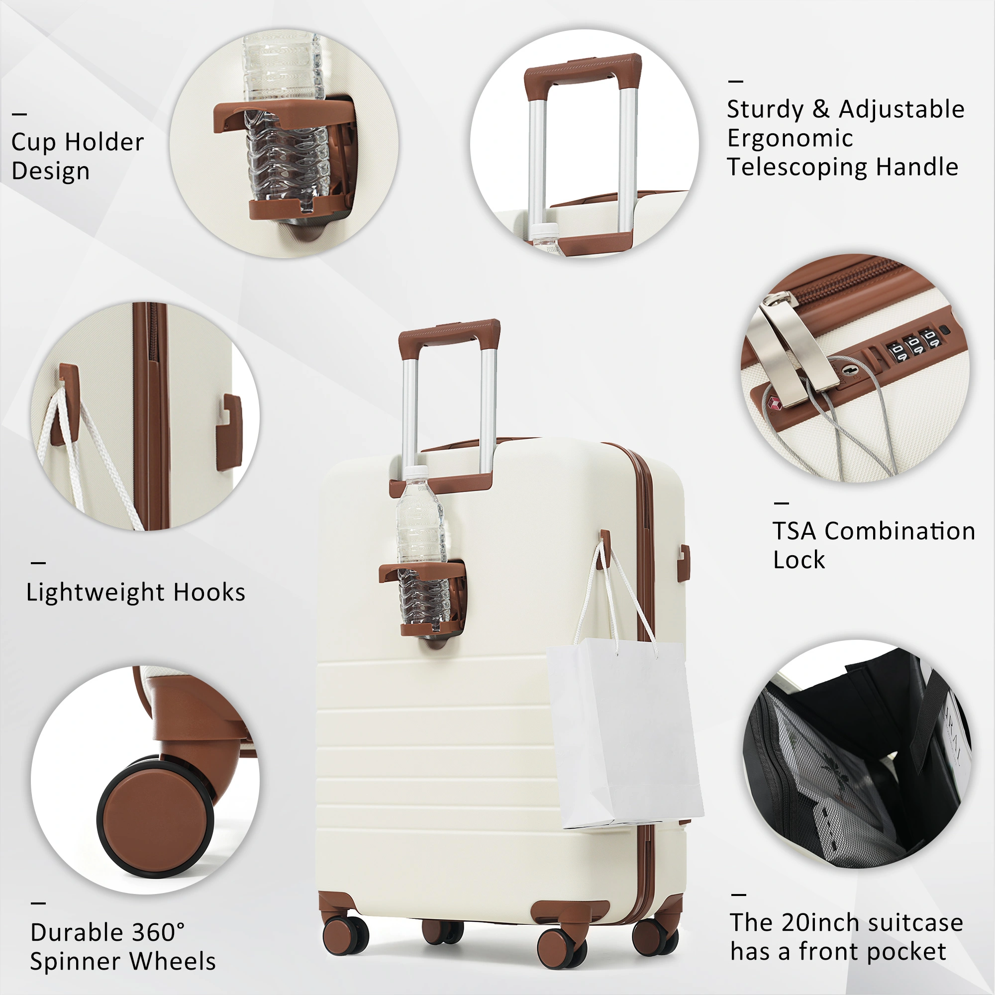 4-Piece Luggage Set with USB Charging Port | 20in Carry-On Front-Opening Laptop Bag + 28in Checked Suitcase w/TSA Lock, Travel Duffel & Wet-Dry Toiletry, Ivory & Brown view 6