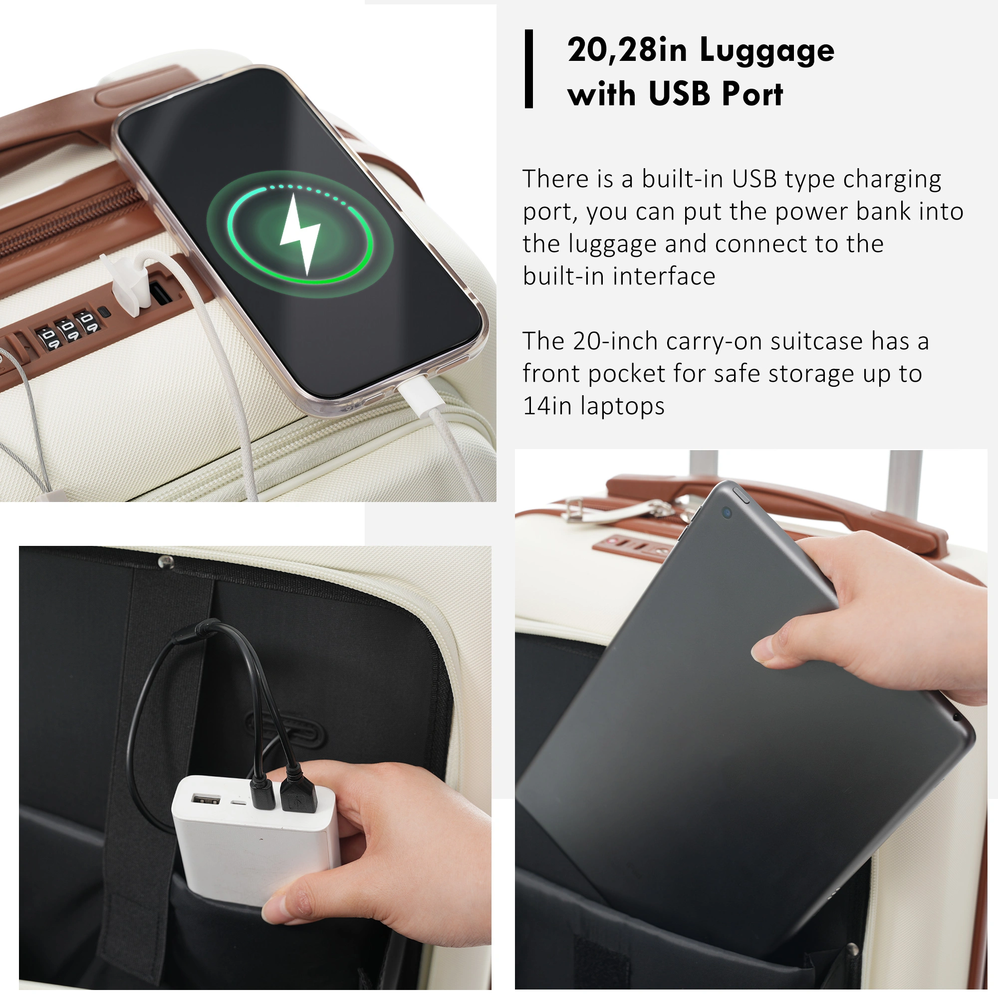4-Piece Luggage Set with USB Charging Port | 20in Carry-On Front-Opening Laptop Bag + 28in Checked Suitcase w/TSA Lock, Travel Duffel & Wet-Dry Toiletry, Ivory & Brown view 8