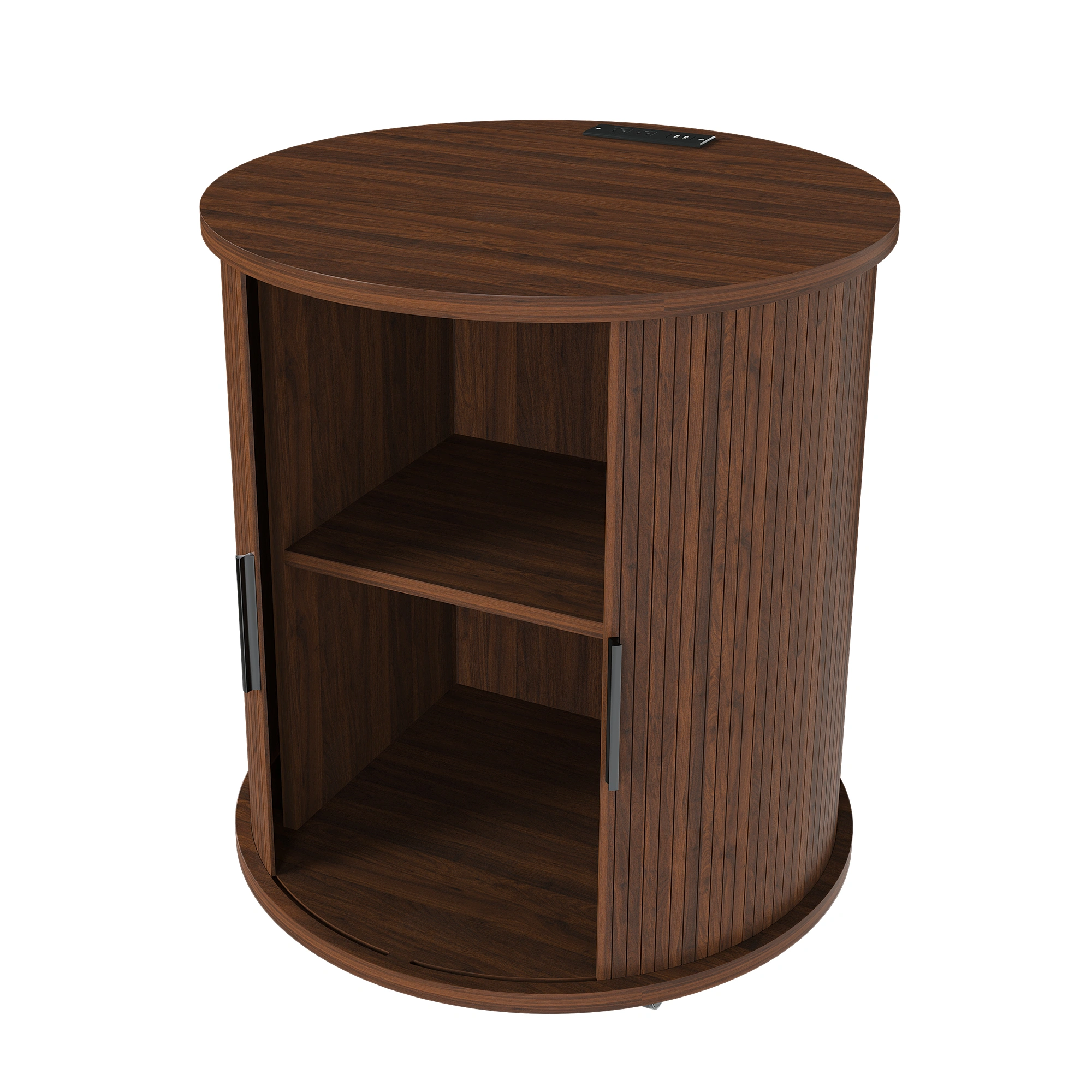 Set of 2 Mid Century Modern Cylinder End Tables with USB Charging Station & Sliding Door, 2-Tier Storage Round Nightstand, Walnut Bedside Tables for Living Room, Bedroom, Entryway