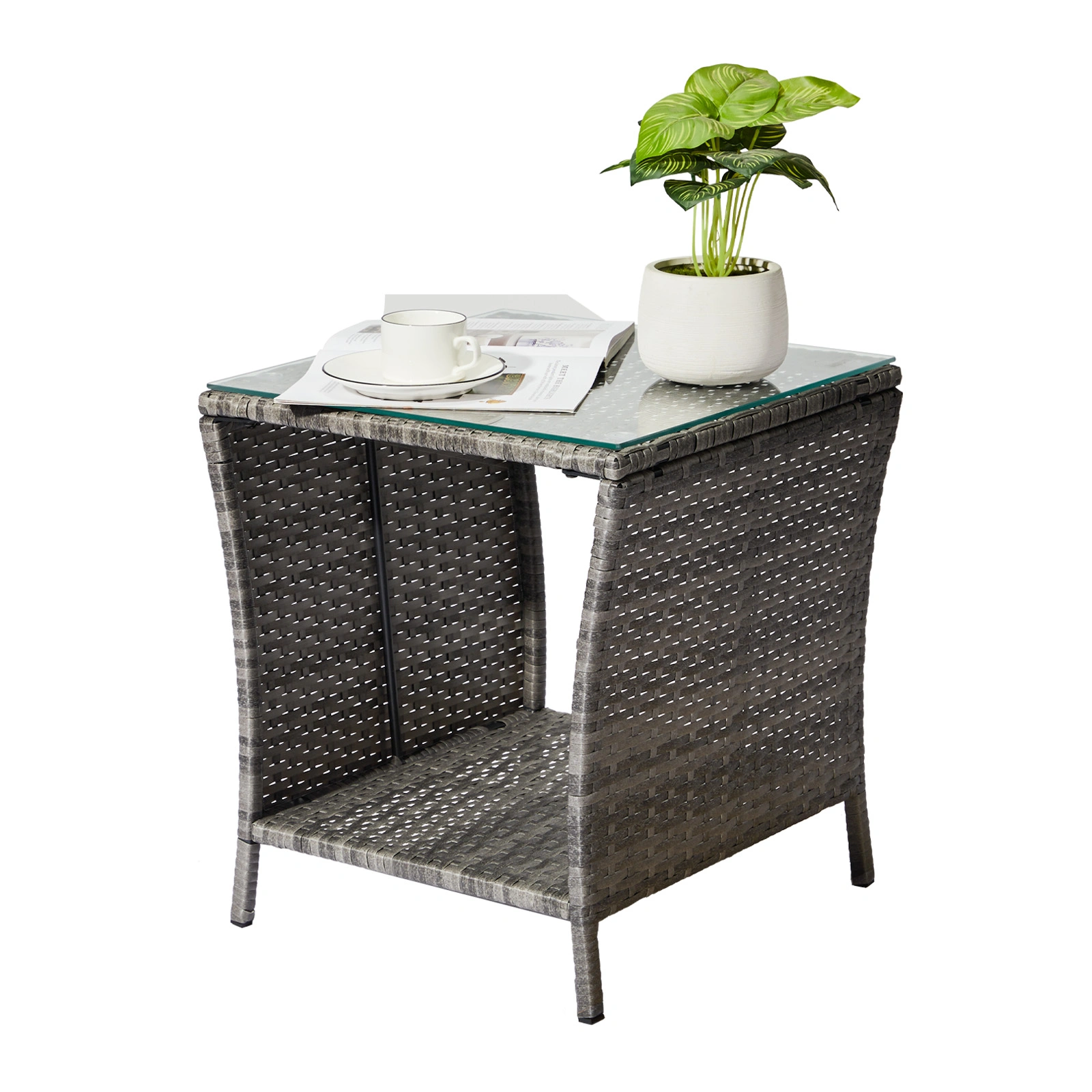 Outdoor Patio Wicker Side Table, Square End Table Bistro Coffee Table with Glass Top Storage Shelf for Porch Garden Backyard Grey view 12