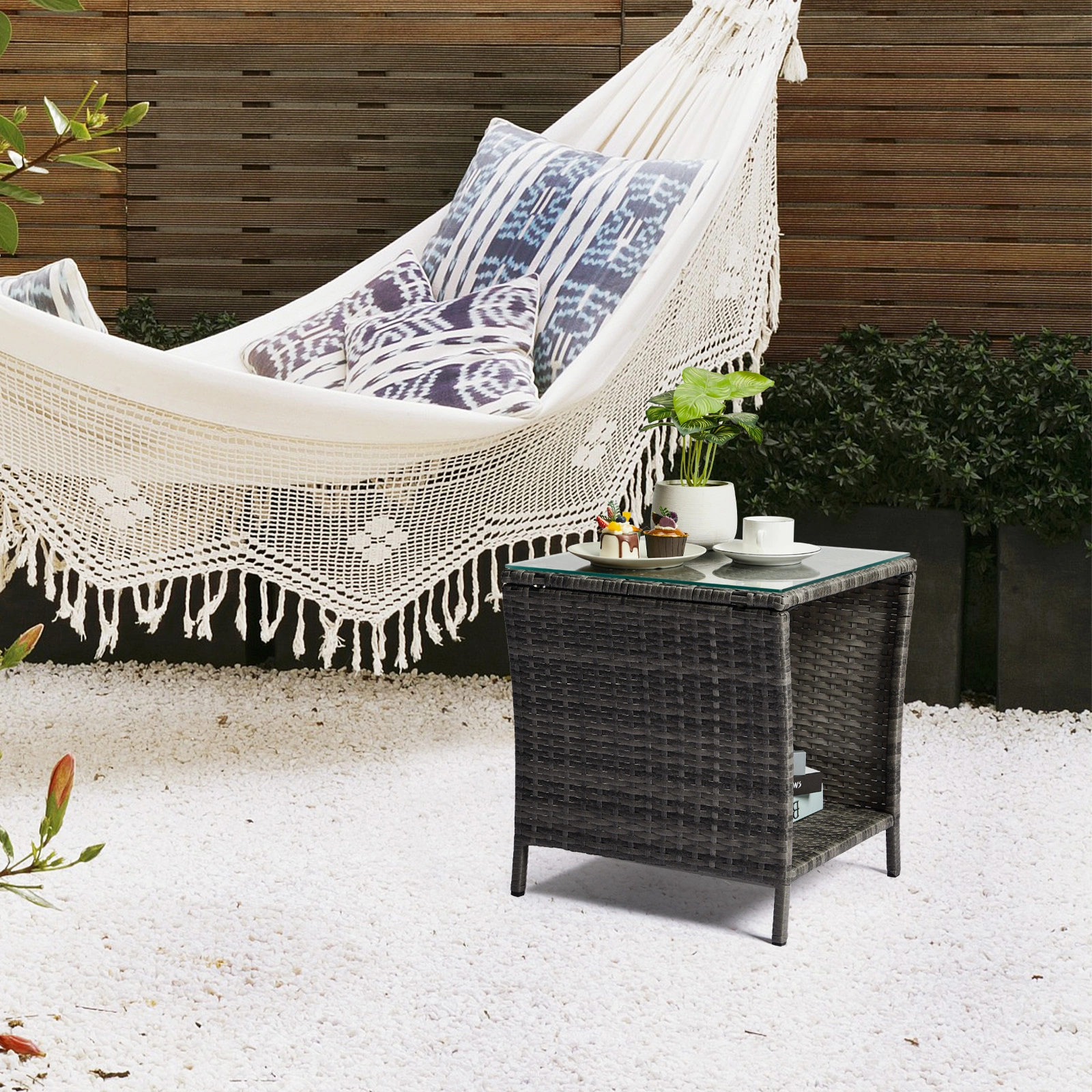 Outdoor Patio Wicker Side Table, Square End Table Bistro Coffee Table with Glass Top Storage Shelf for Porch Garden Backyard Grey view 21