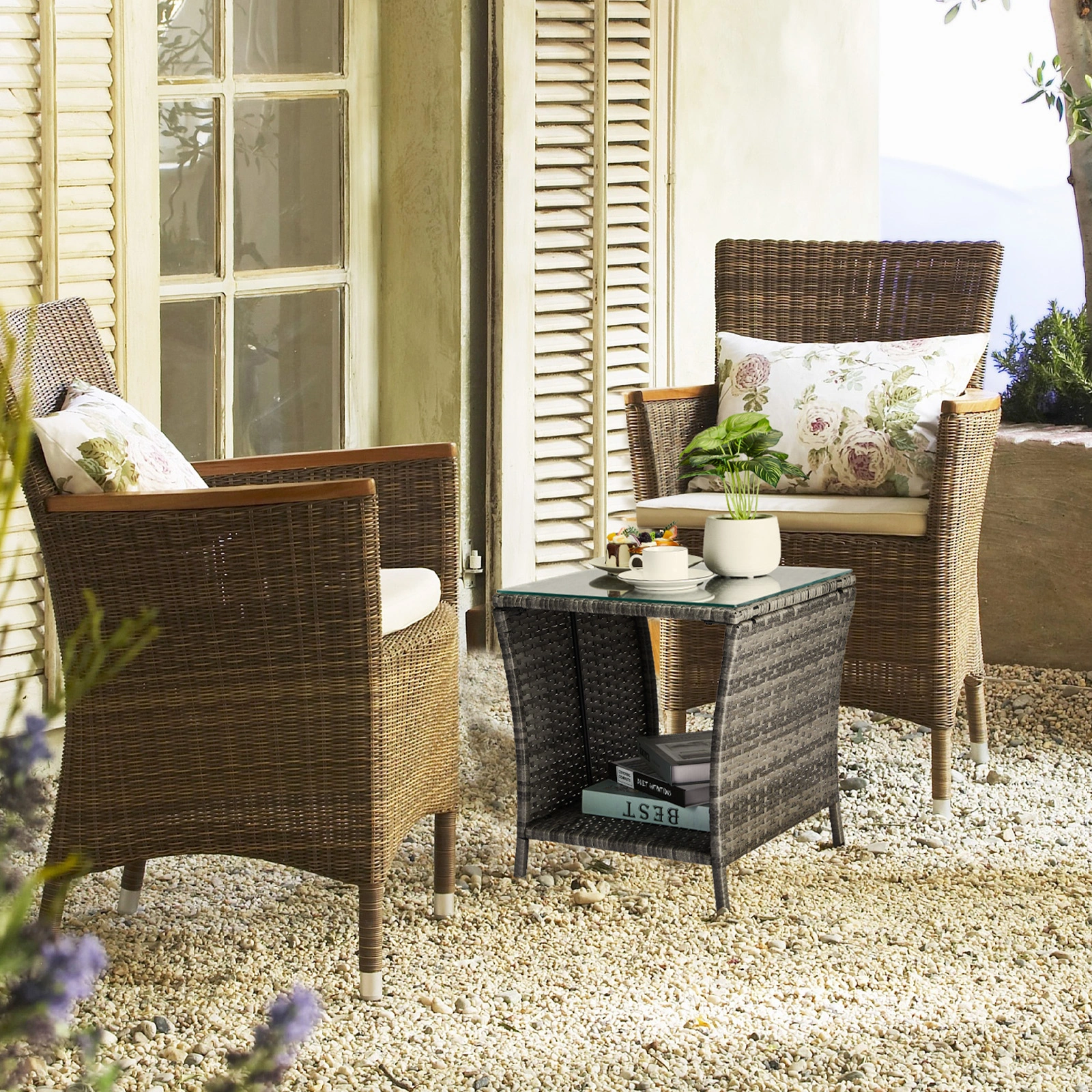 Outdoor Patio Wicker Side Table, Square End Table Bistro Coffee Table with Glass Top Storage Shelf for Porch Garden Backyard Grey view 24