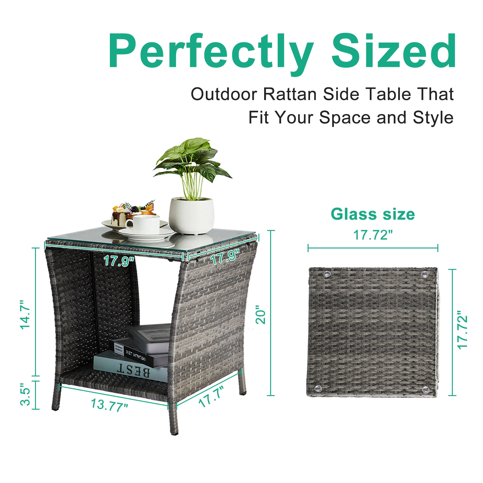 Outdoor Patio Wicker Side Table, Square End Table Bistro Coffee Table with Glass Top Storage Shelf for Porch Garden Backyard Grey view 5
