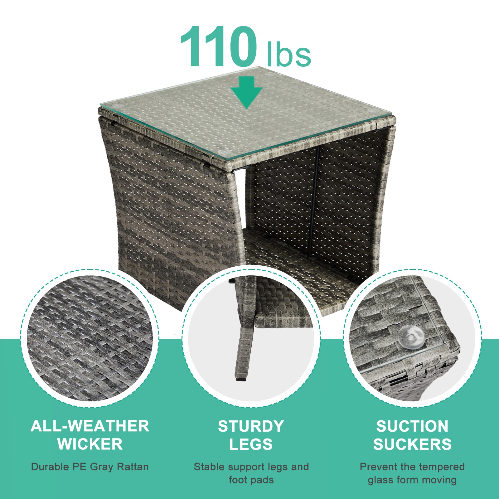 Outdoor Patio Wicker Side Table, Square End Table Bistro Coffee Table with Glass Top Storage Shelf for Porch Garden Backyard Grey view 7