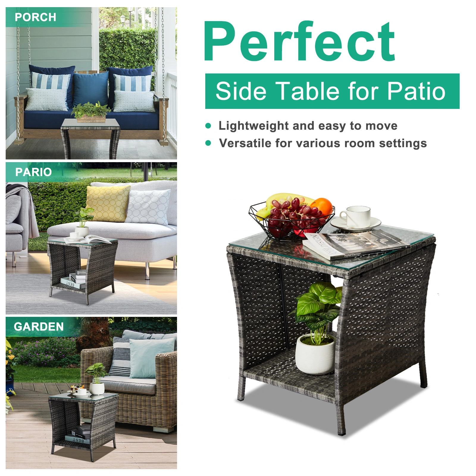 Outdoor Patio Wicker Side Table, Square End Table Bistro Coffee Table with Glass Top Storage Shelf for Porch Garden Backyard Grey view 8