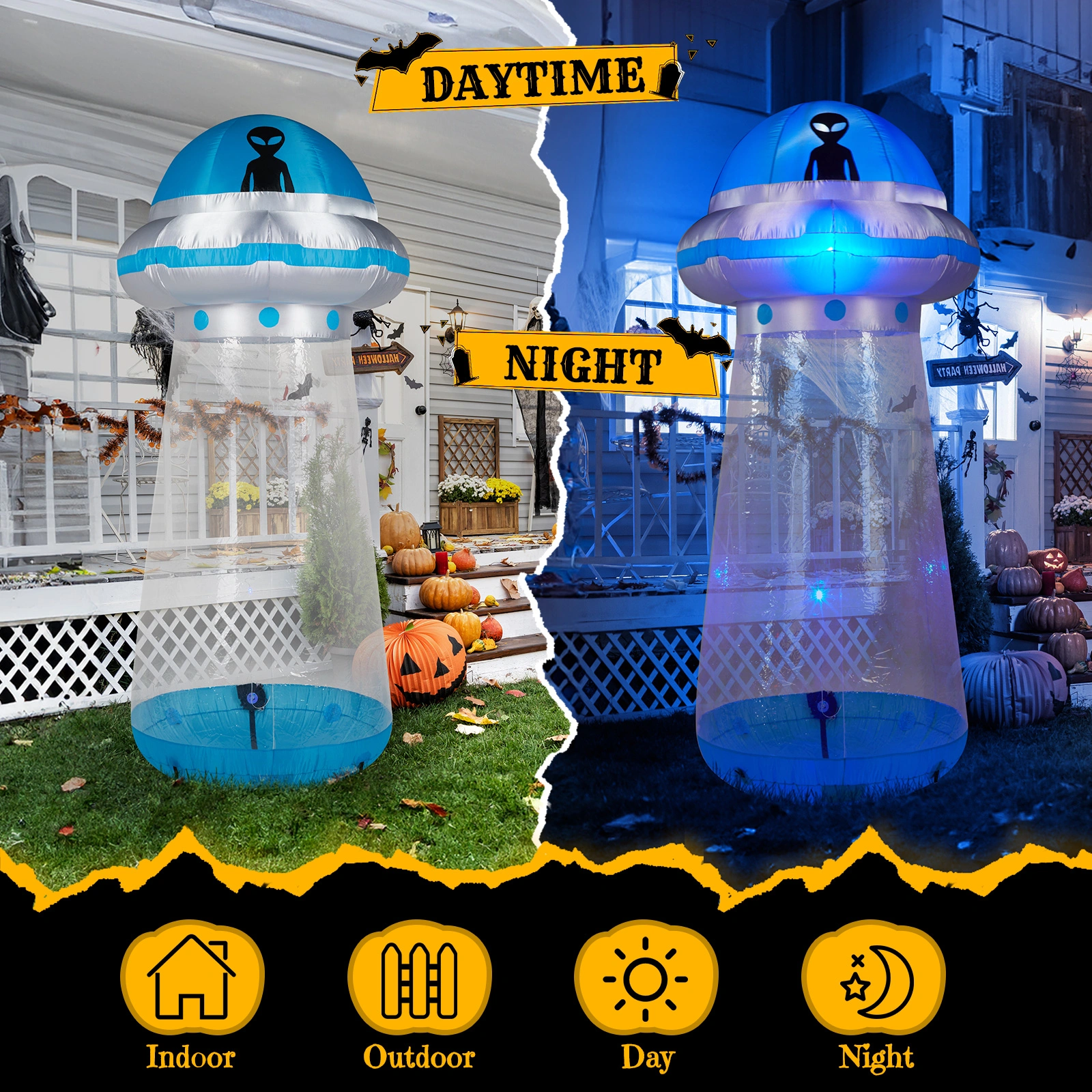 8.8 FT Halloween Inflatable UFO Yard Decoration, Fun Tall Blow up Yard Decor with Built-in LED Lights and Stand Inside Design for Holiday Party Yard Lawn Garden Decor Indoor Outdoor view 10