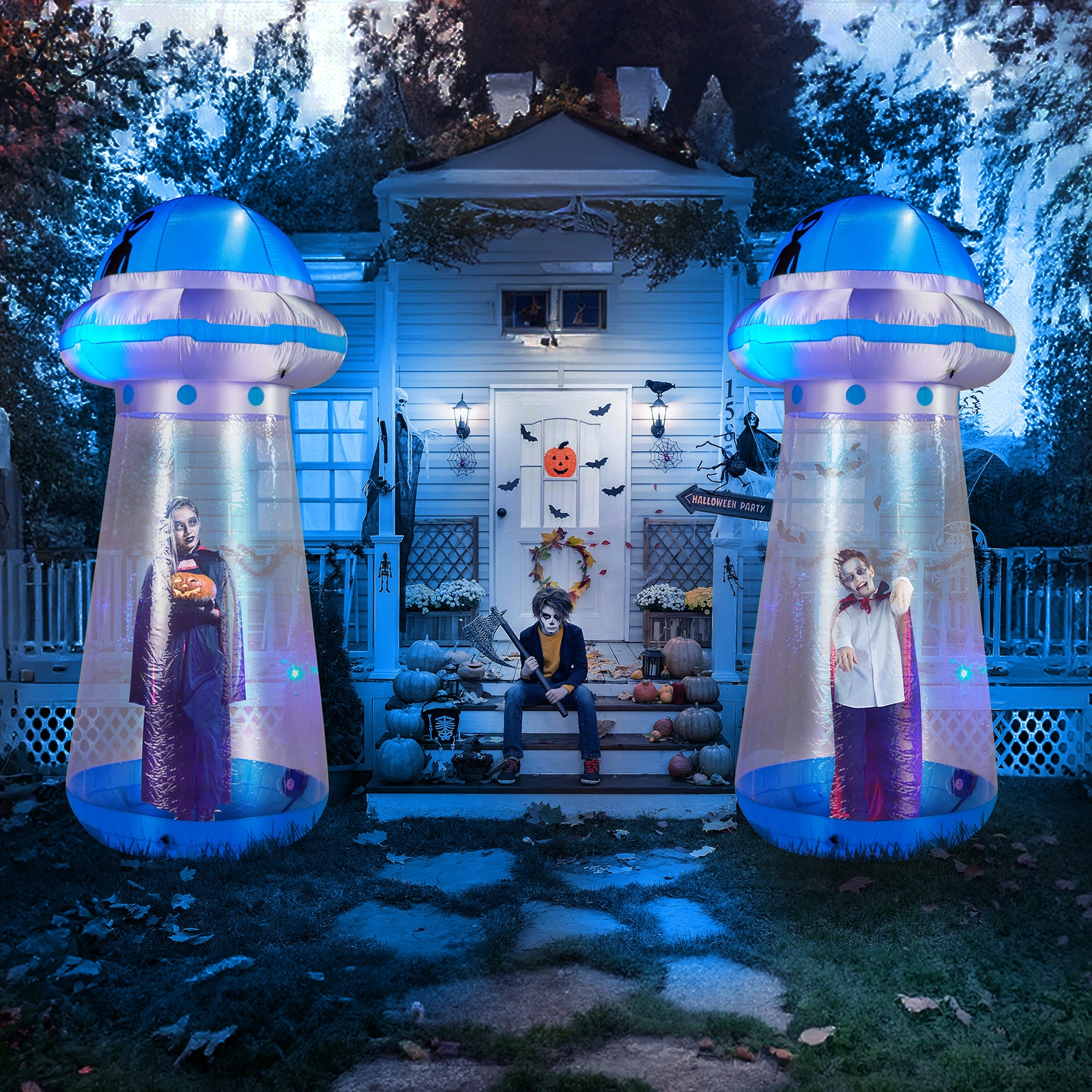 8.8 FT Halloween Inflatable UFO Yard Decoration, Fun Tall Blow up Yard Decor with Built-in LED Lights and Stand Inside Design for Holiday Party Yard Lawn Garden Decor Indoor Outdoor view 11